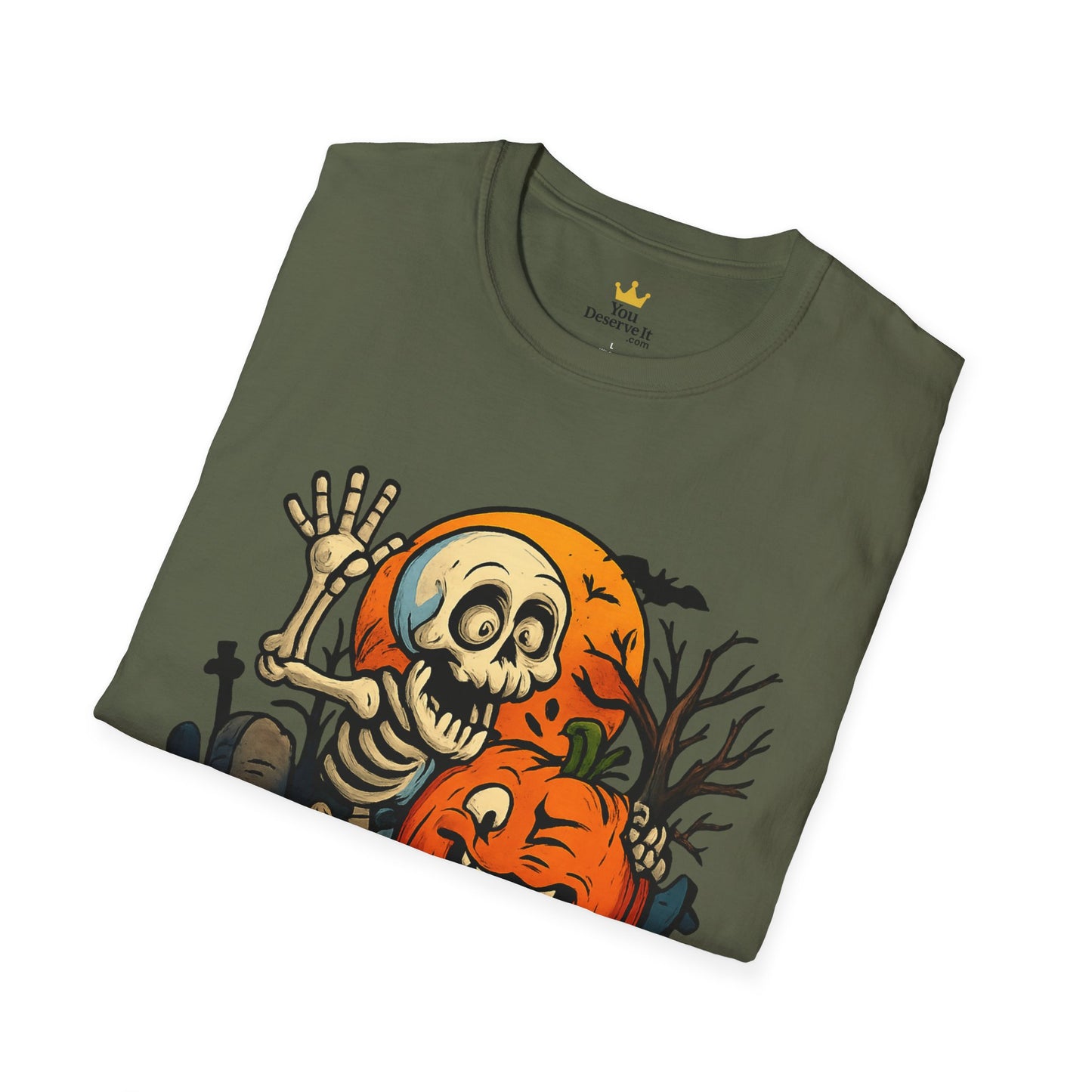 Funny Halloween Skeleton & Pumpkin T-Shirt – Cute Spooky Comic Design