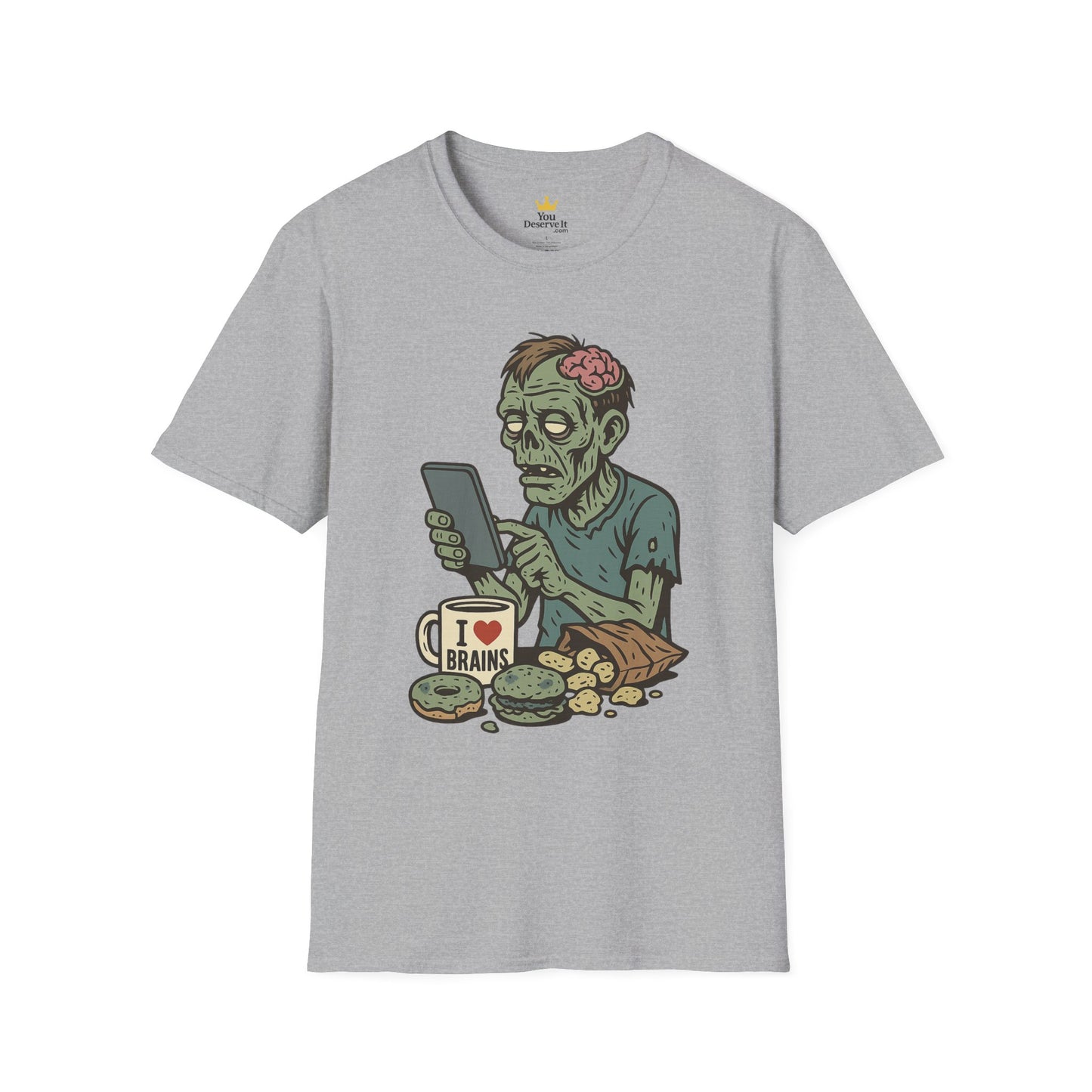 Zombie Social Media Addict – Funny Undead Coffee Mug & Snack Scene T-Shirt