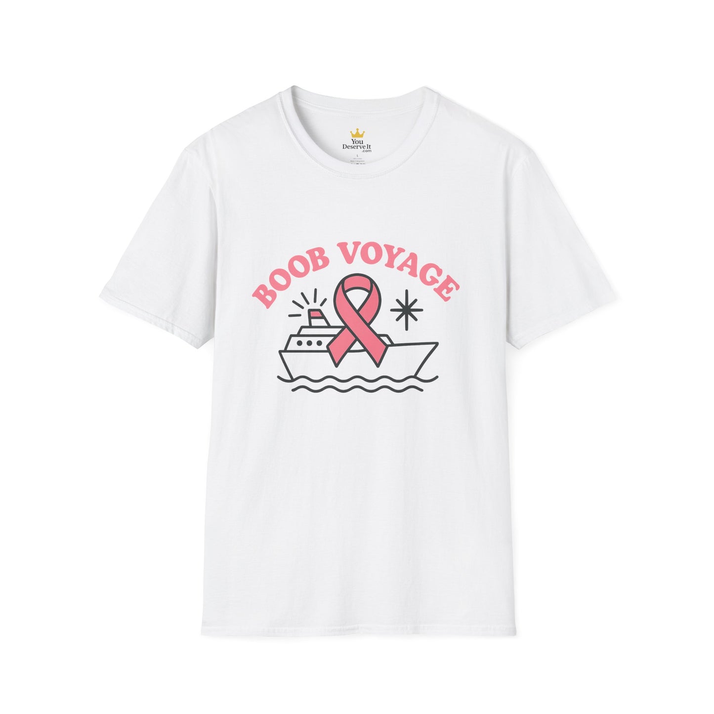 Boob Voyage T-Shirt | Funny Mastectomy Support Tee with Pink Ribbon and Cruise Ship