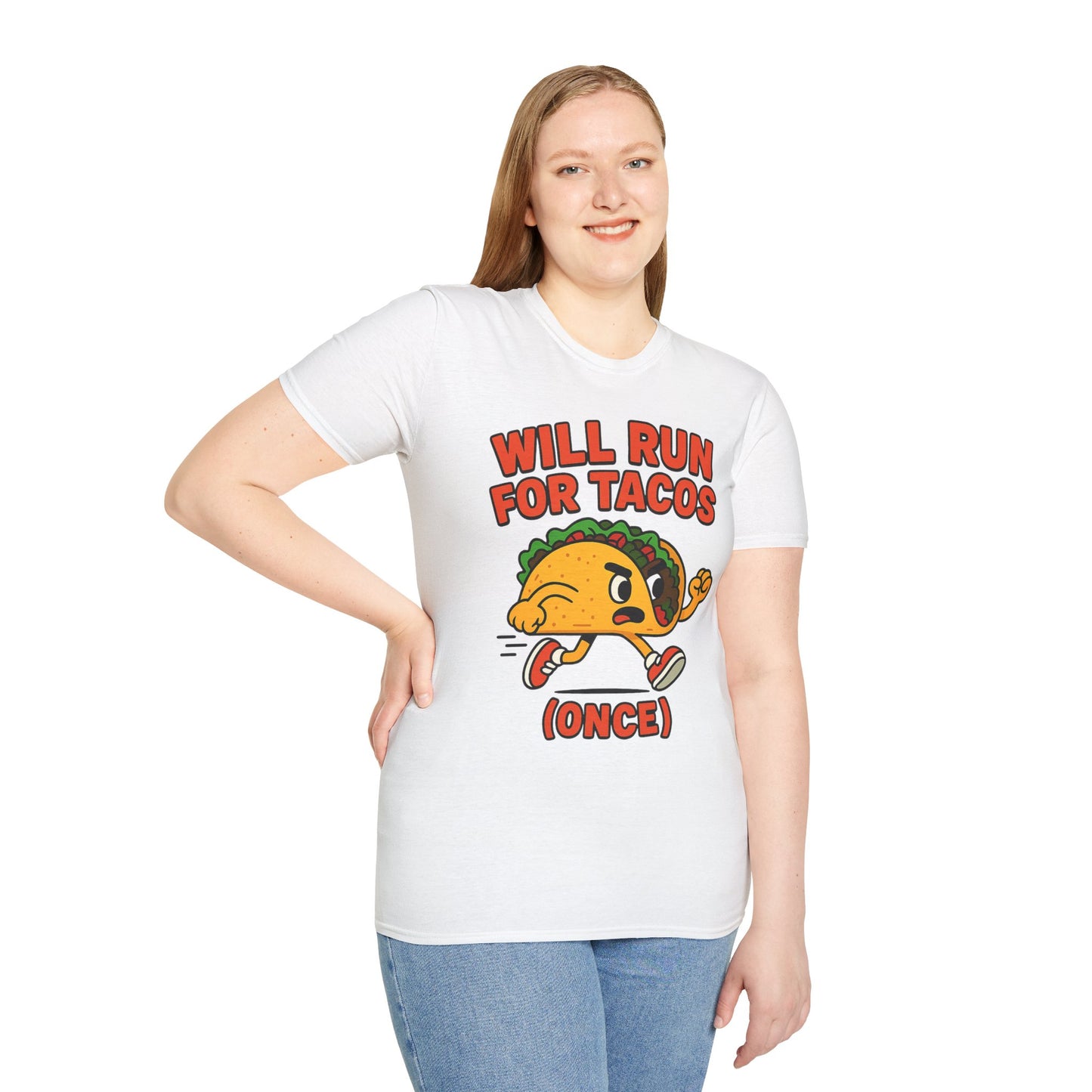 Will Run for Tacos (Once) – Funny Cartoon Taco Running Shoes T-Shirt