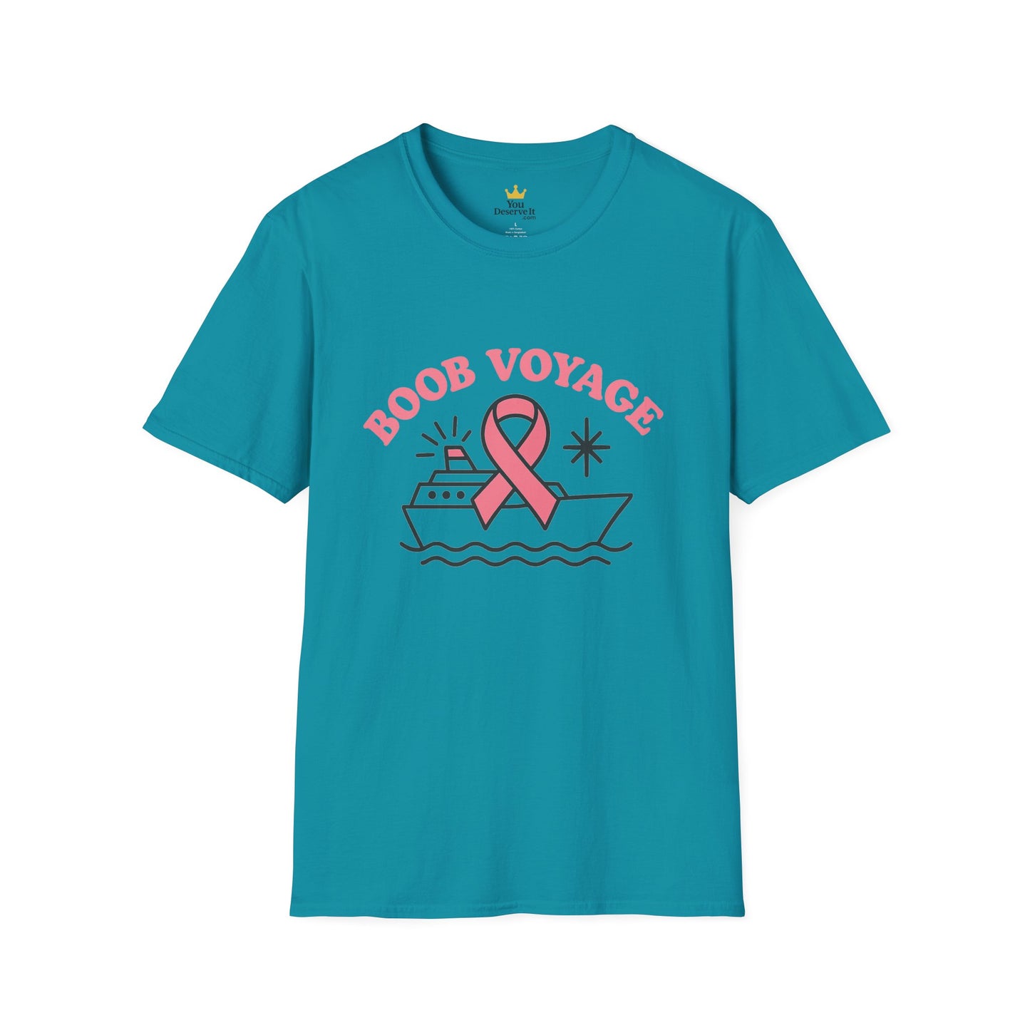 Boob Voyage T-Shirt | Funny Mastectomy Support Tee with Pink Ribbon and Cruise Ship
