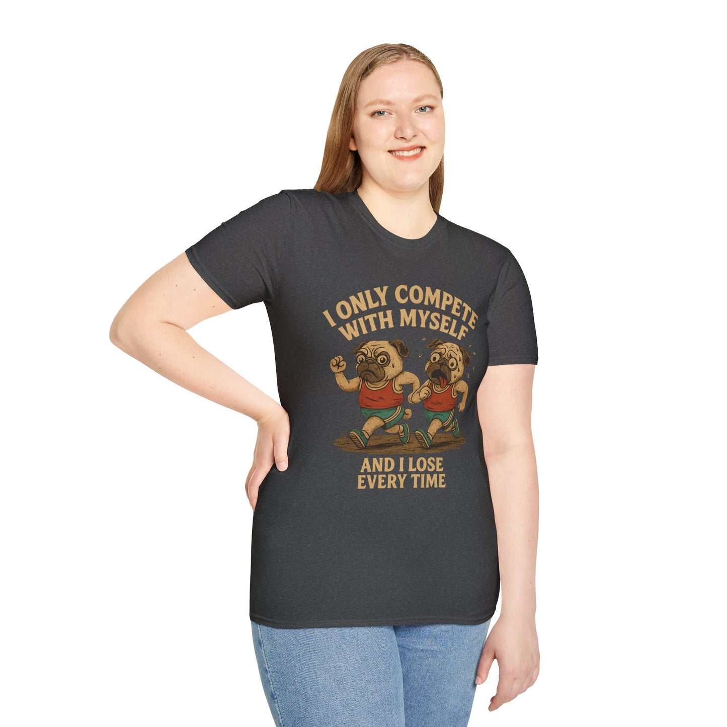 Funny Pug T-Shirt – “I Only Compete With Myself And I Lose Every Time” | Vintage Style Graphic Tee