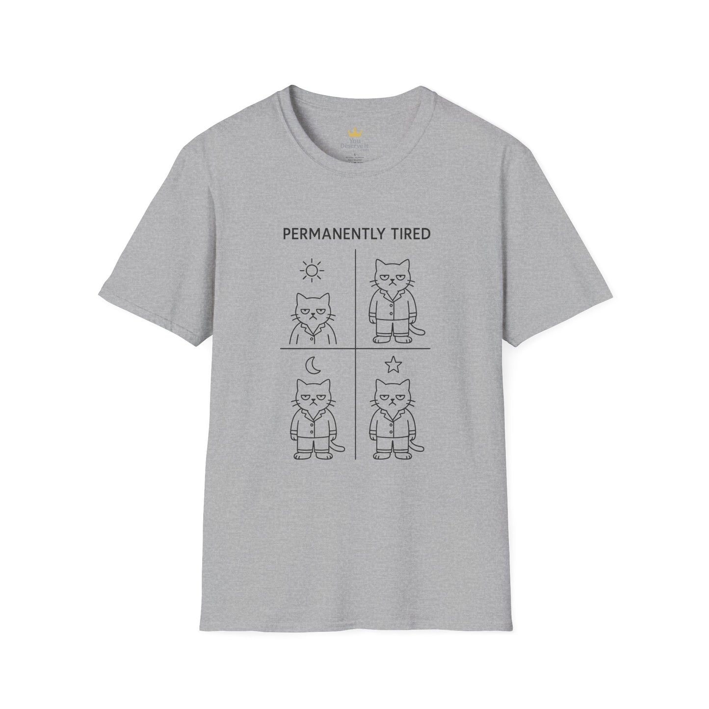 Permanently Tired Grumpy Cat T-Shirt | Minimalist Line Art Pajama Kitty | Unisex Softstyle T-Shirt