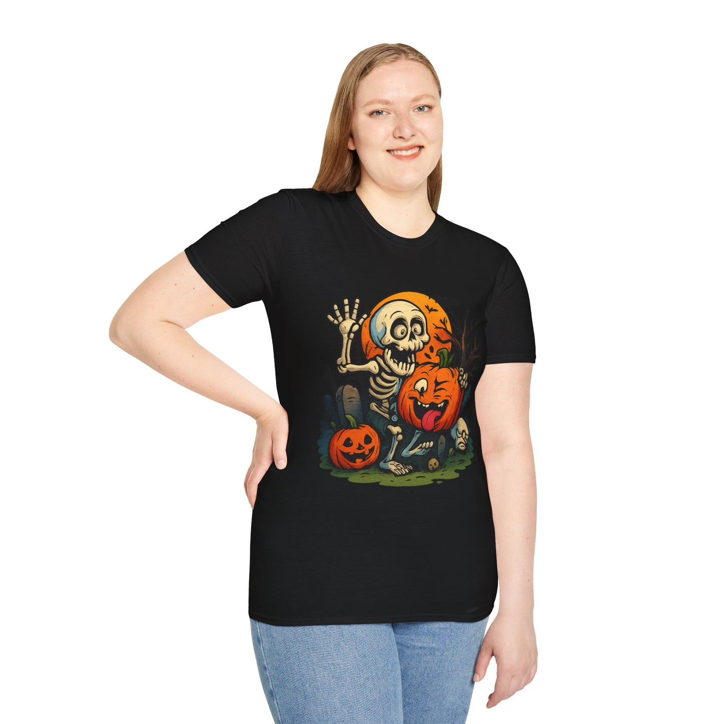 Funny Halloween Skeleton & Pumpkin T-Shirt – Cute Spooky Comic Design