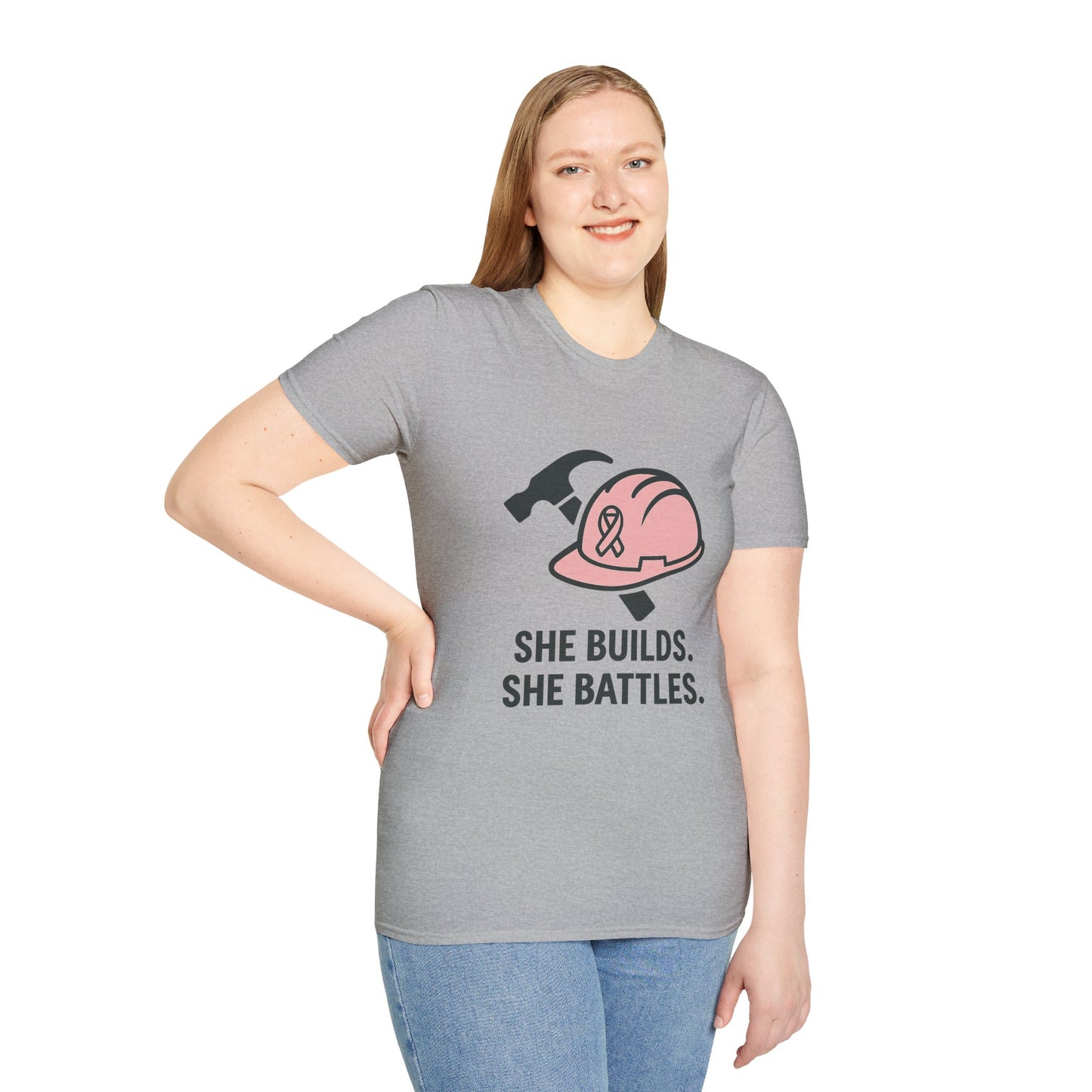 She Builds. She Battles. | Pink Ribbon Hard Hat Tee