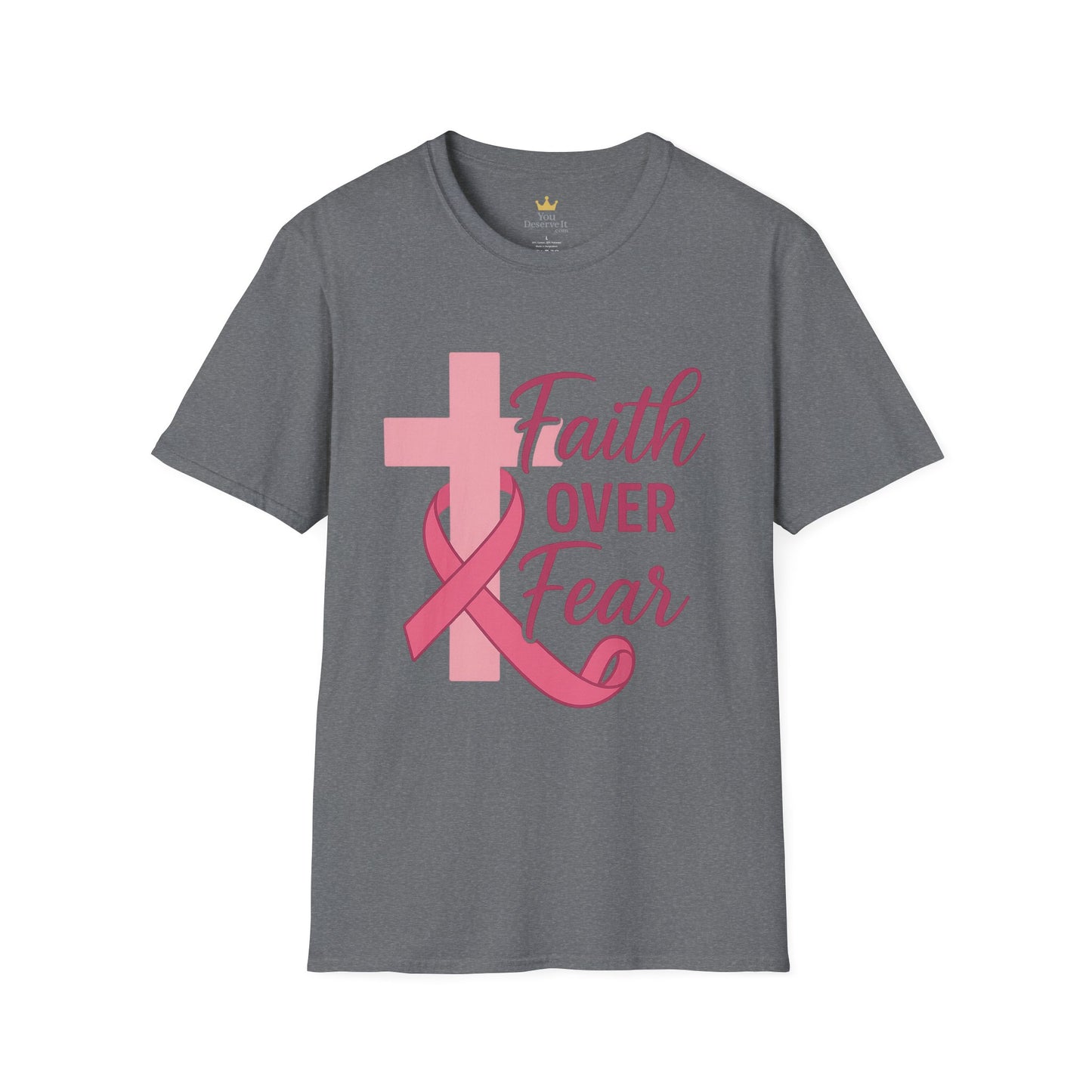 Faith Over Fear Shirt | Breast Cancer Awareness Christian Tee with Cross & Pink Ribbon