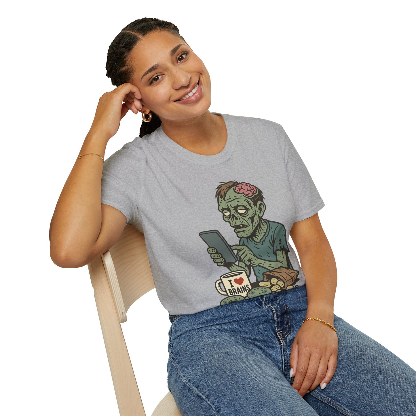 Zombie Social Media Addict – Funny Undead Coffee Mug & Snack Scene T-Shirt