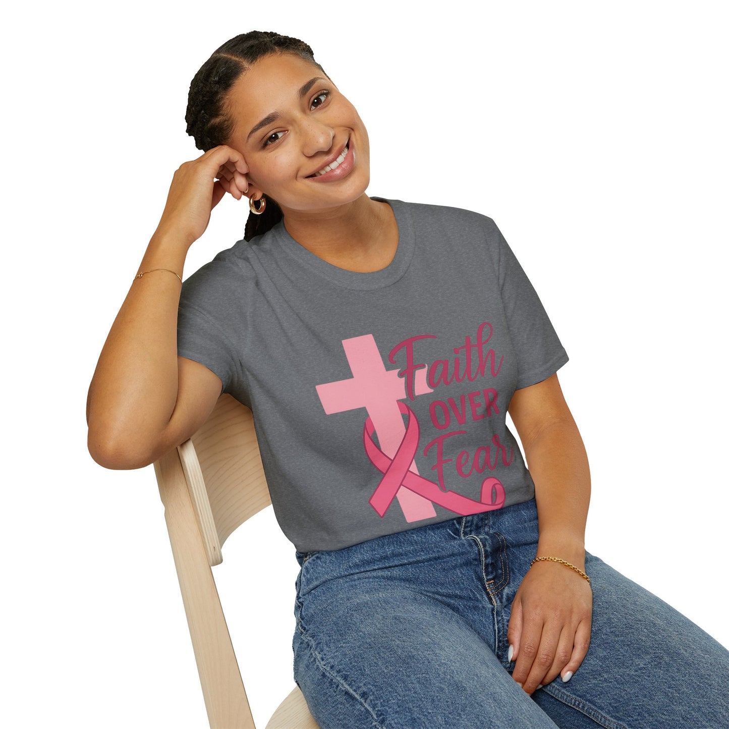 Faith Over Fear Shirt | Breast Cancer Awareness Christian Tee with Cross & Pink Ribbon