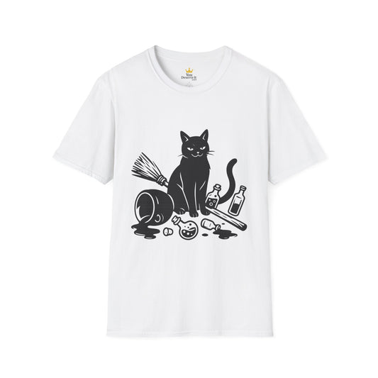Black Cat Knocking Over Witch’s Essentials – Funny Halloween T-Shirt Design