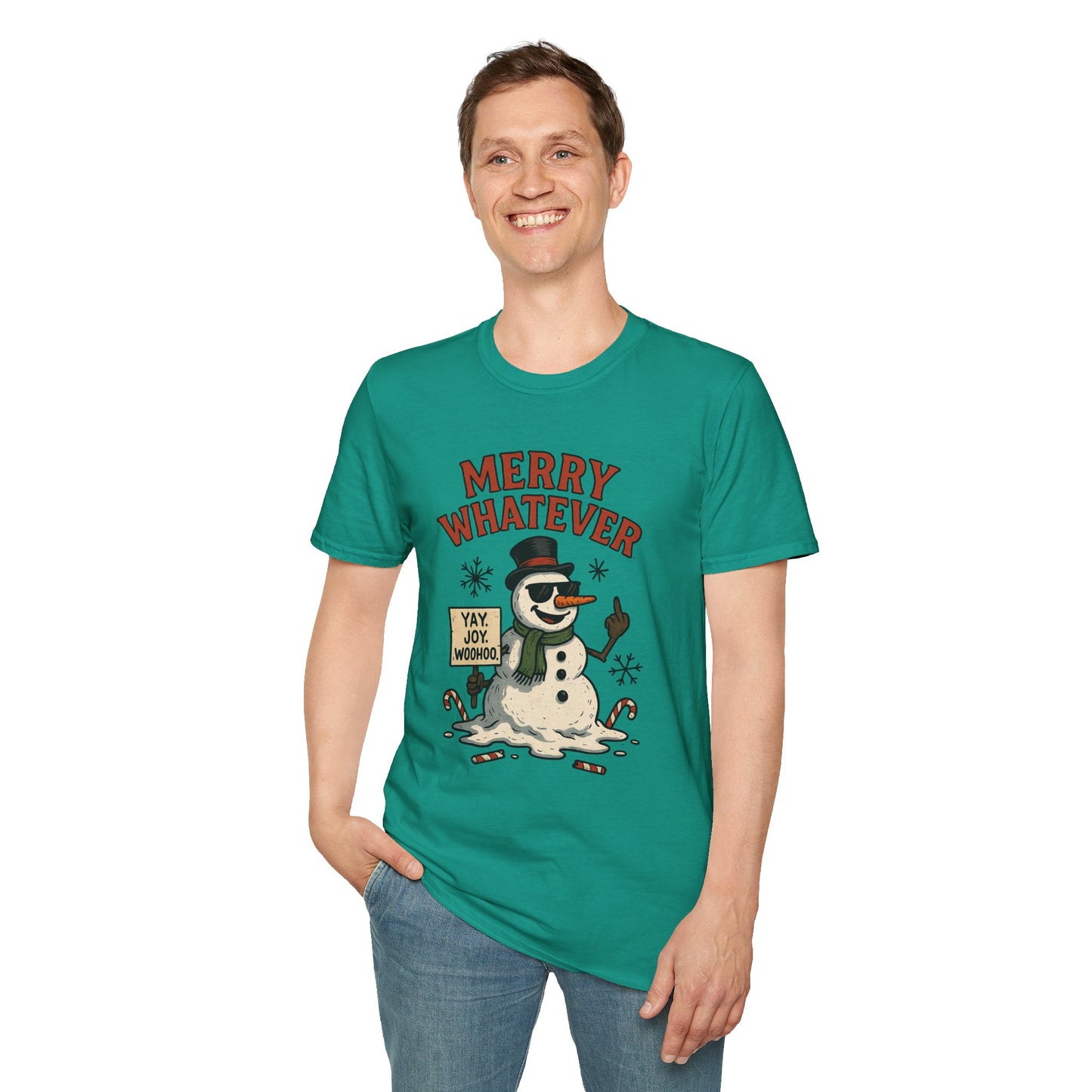 Merry Whatever Funny Snowman Shirt | Sarcastic Holiday Mood Tee | Melting Christmas Anti-Spirit Graphic T-Shirt