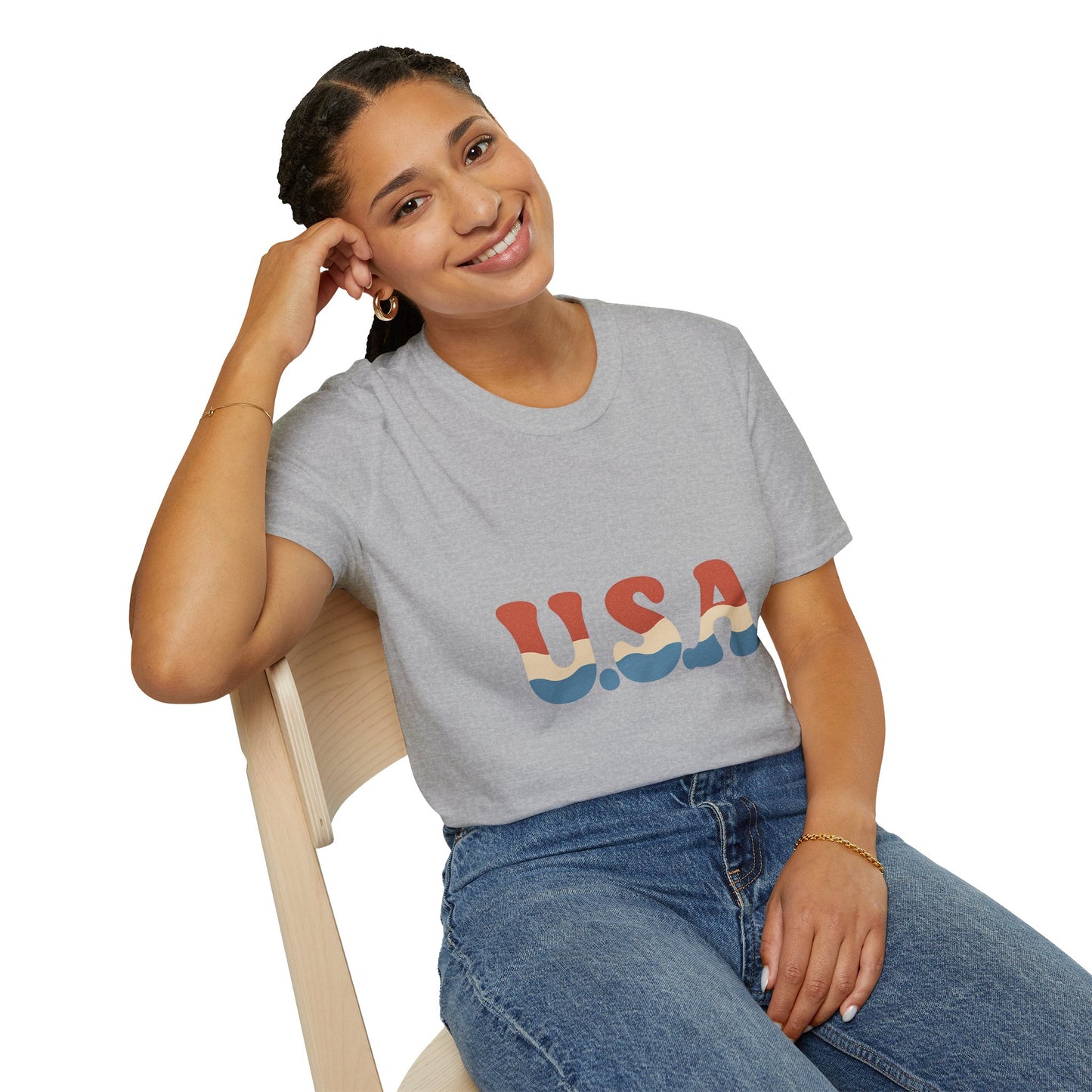 Retro USA T-Shirt | Wavy Red White & Blue 70s Style