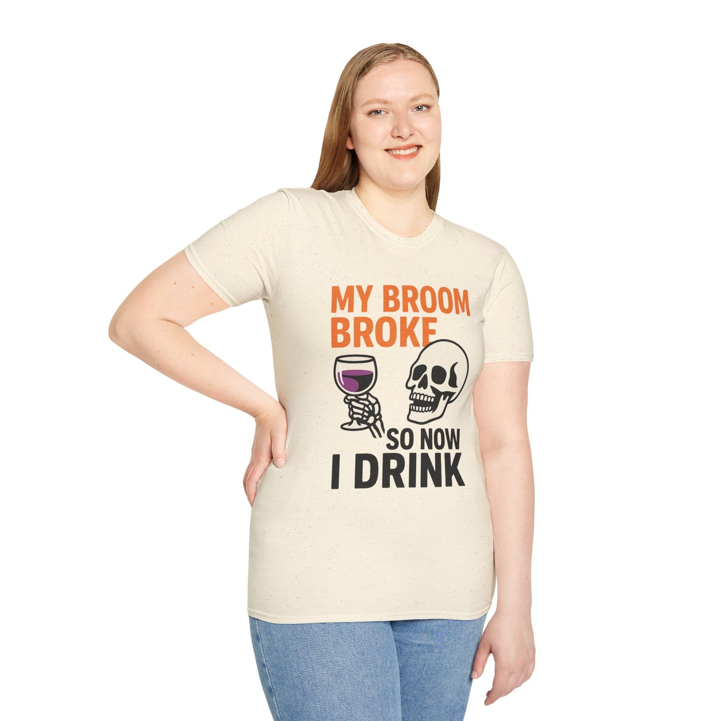 Funny Halloween Shirt – “My Broom Broke So Now I Drink” Sarcastic Graphic Tee