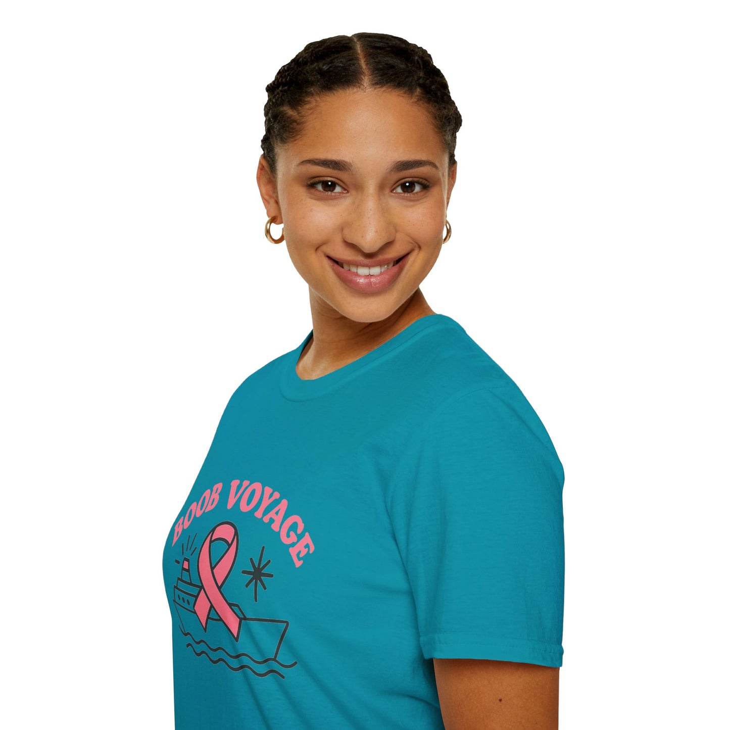 Boob Voyage T-Shirt | Funny Mastectomy Support Tee with Pink Ribbon and Cruise Ship