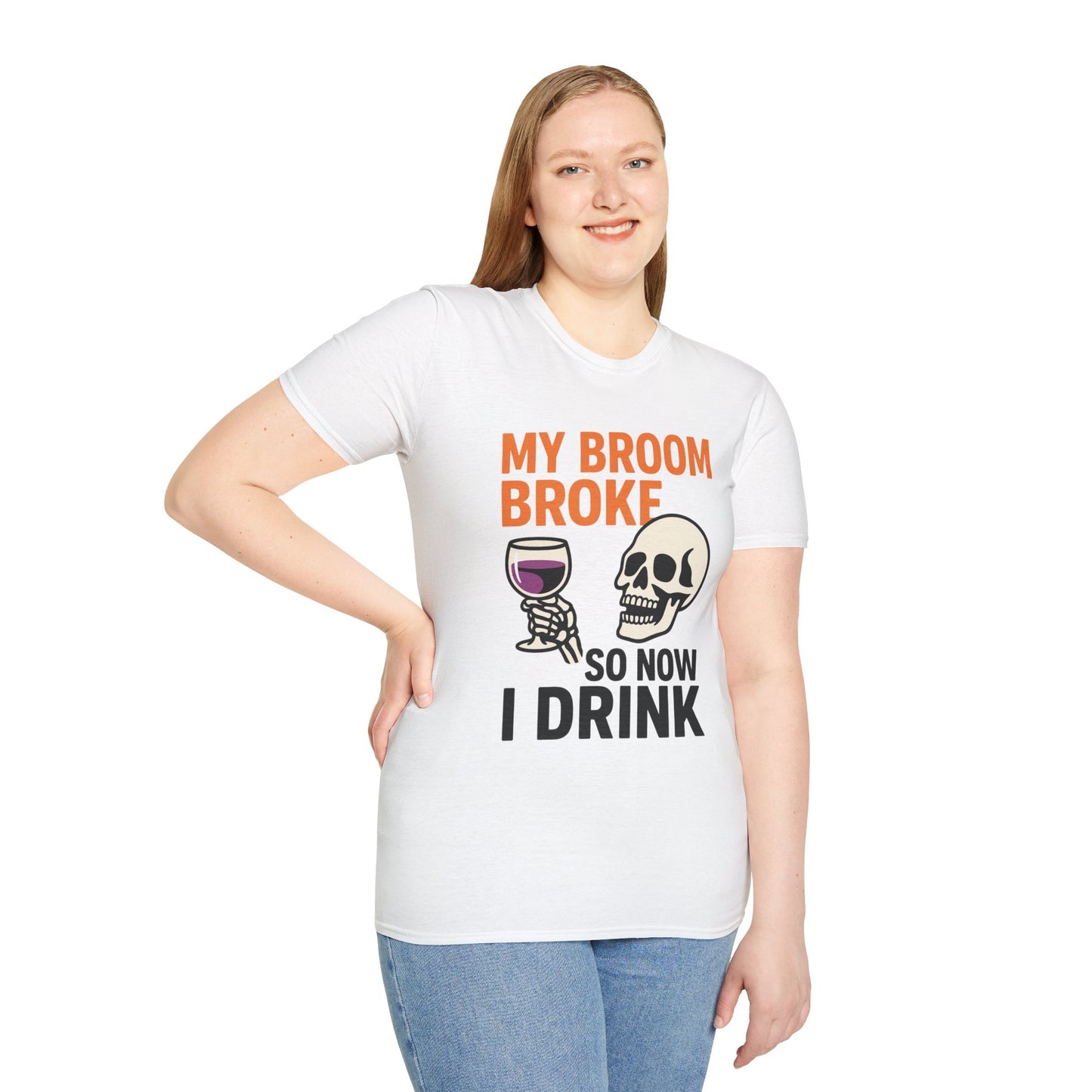 Funny Halloween Shirt – “My Broom Broke So Now I Drink” Sarcastic Graphic Tee