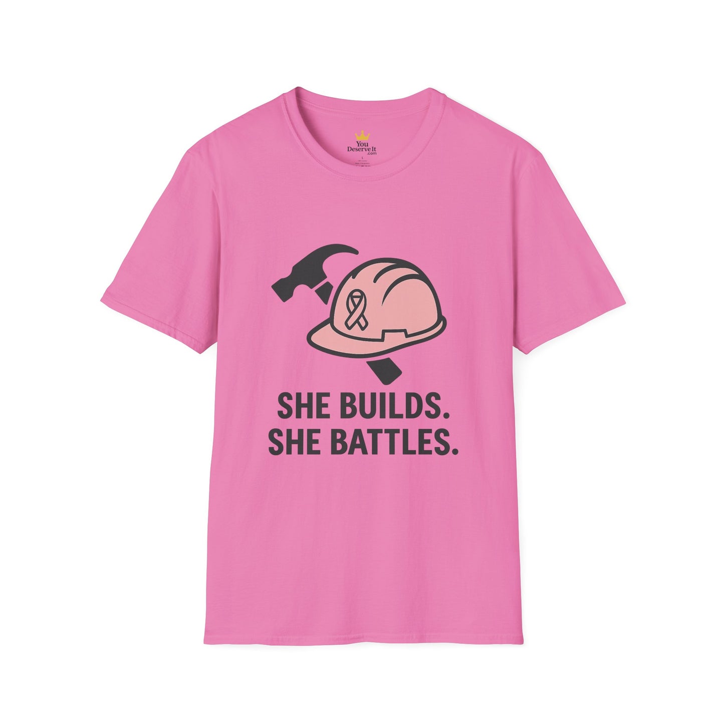 She Builds. She Battles. | Pink Ribbon Hard Hat Tee