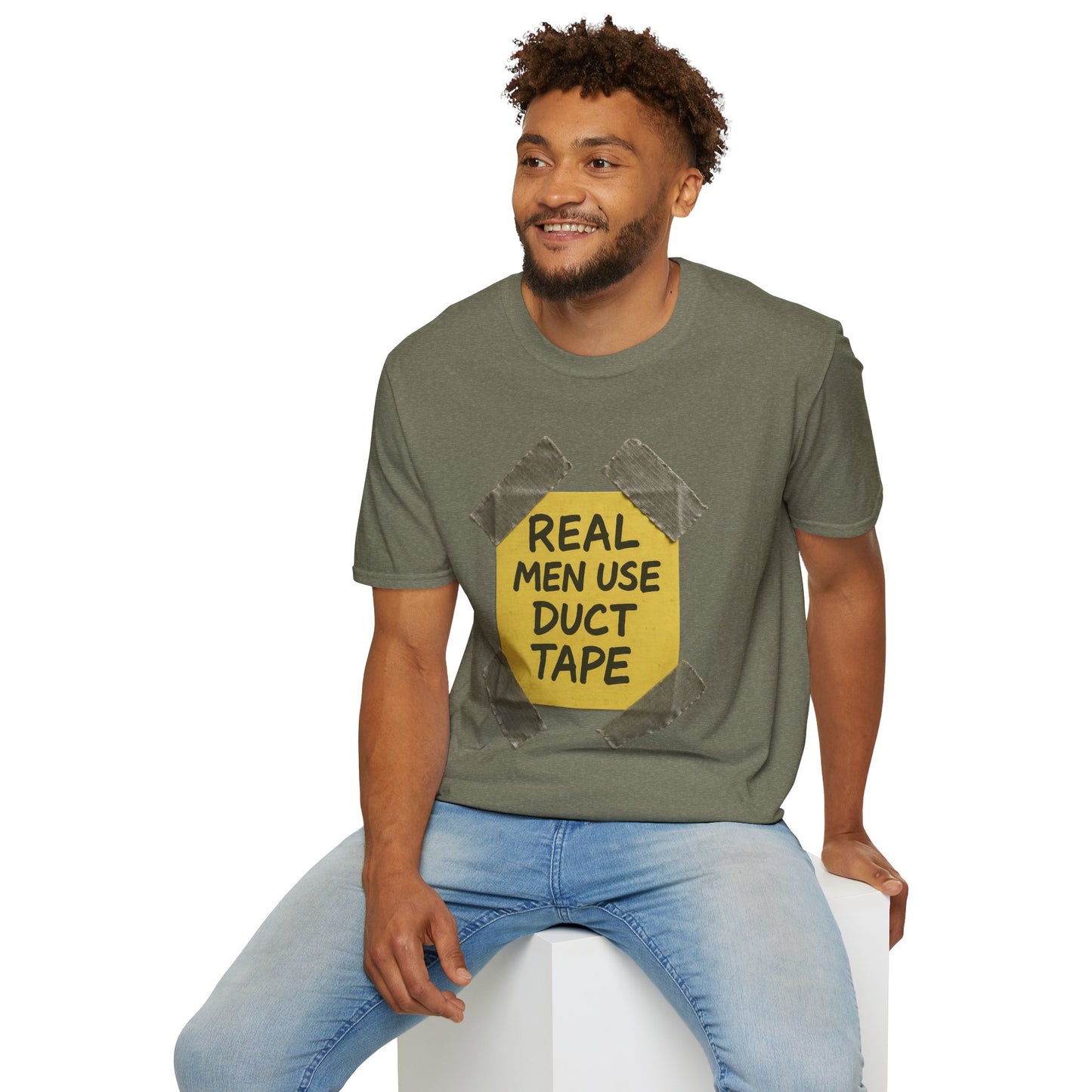 Real Men Use Duct Tape™ Funny Sticky Note T-Shirt – Bold DIY Humor Tee, Casual Wear, Handy Man Shirt, Great for Father's Day
