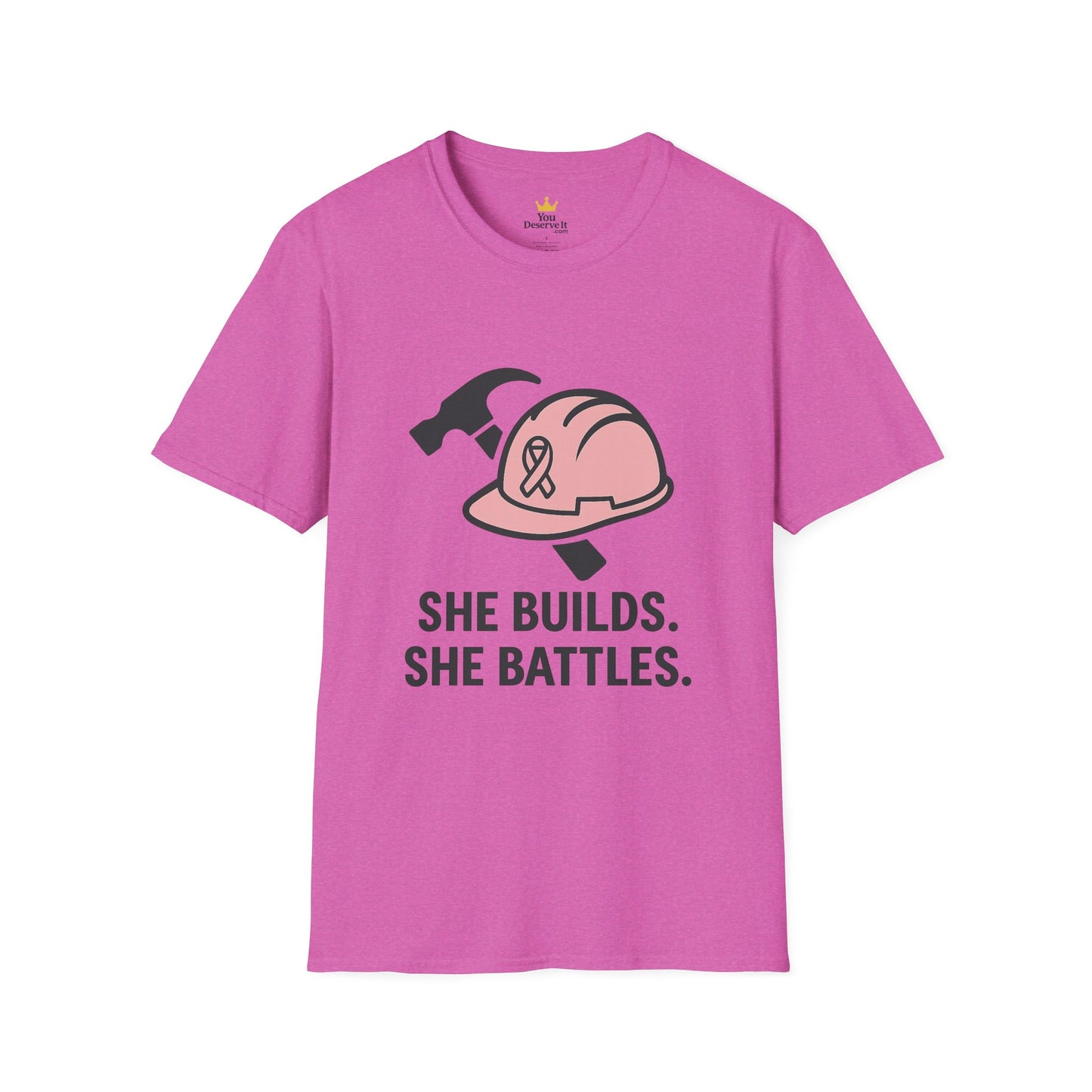 She Builds. She Battles. | Pink Ribbon Hard Hat Tee