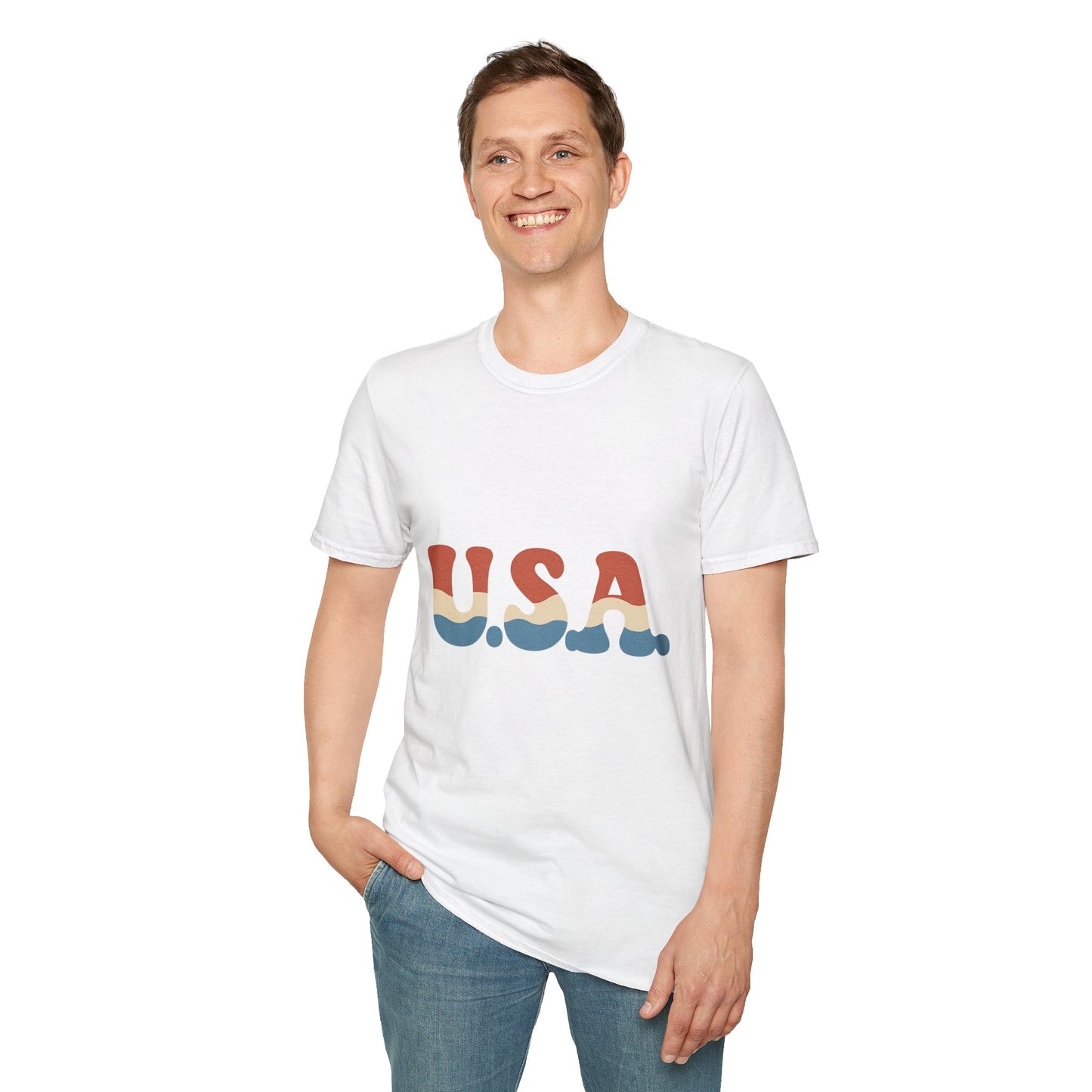 Retro USA T-Shirt | Wavy Red White & Blue 70s Style