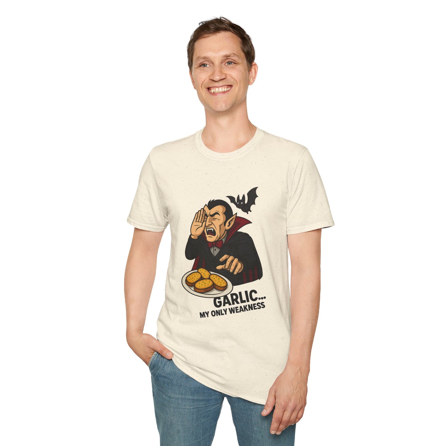 Garlic Weakness Vampire T-Shirt, Funny Halloween Humor Shirt, Unisex Graphic Tee, Spooky Gift Idea, Casual Party Wear