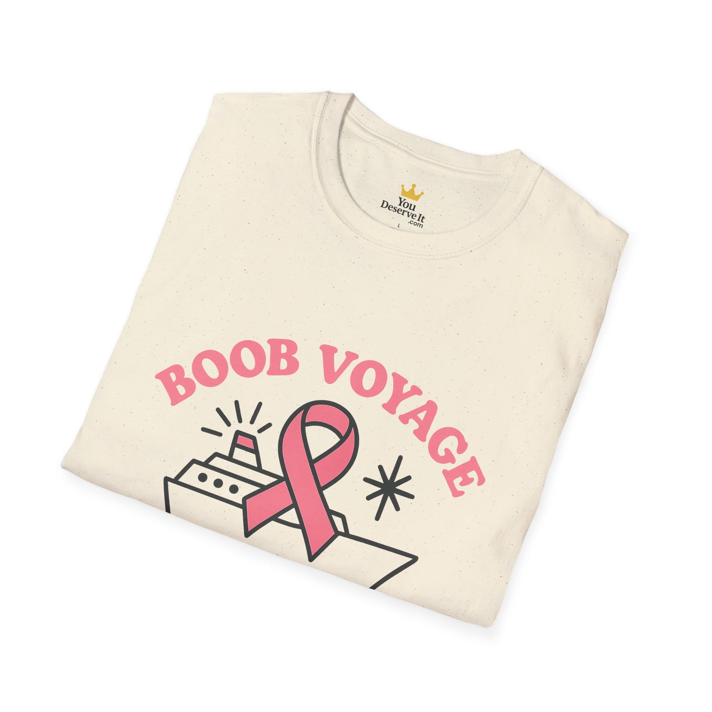 Boob Voyage T-Shirt | Funny Mastectomy Support Tee with Pink Ribbon and Cruise Ship