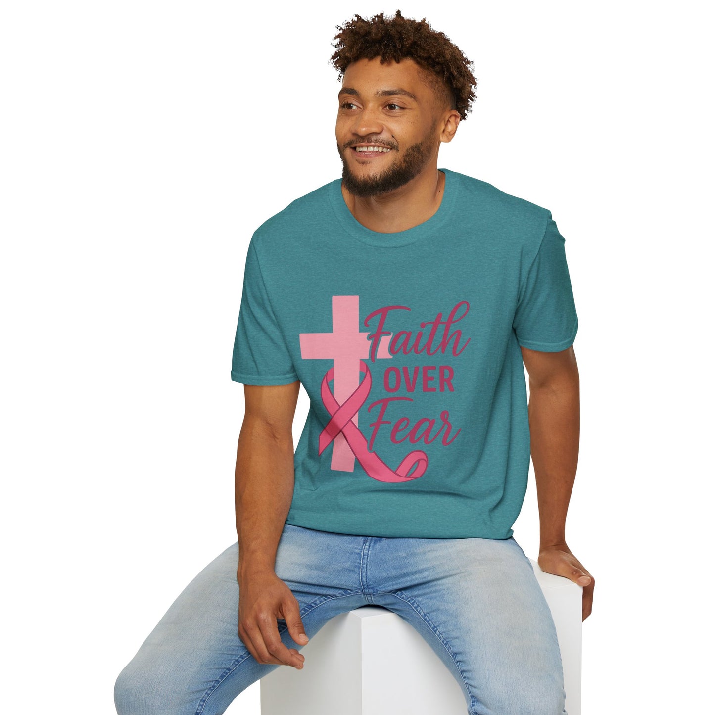 Faith Over Fear Shirt | Breast Cancer Awareness Christian Tee with Cross & Pink Ribbon