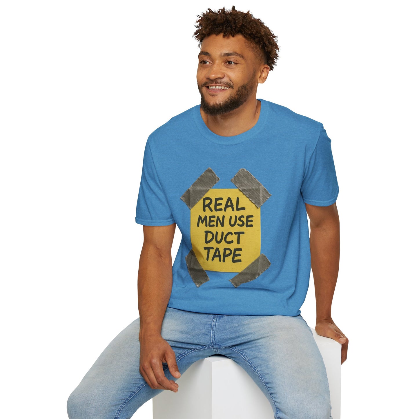 Real Men Use Duct Tape™ Funny Sticky Note T-Shirt – Bold DIY Humor Tee, Casual Wear, Handy Man Shirt, Great for Father's Day