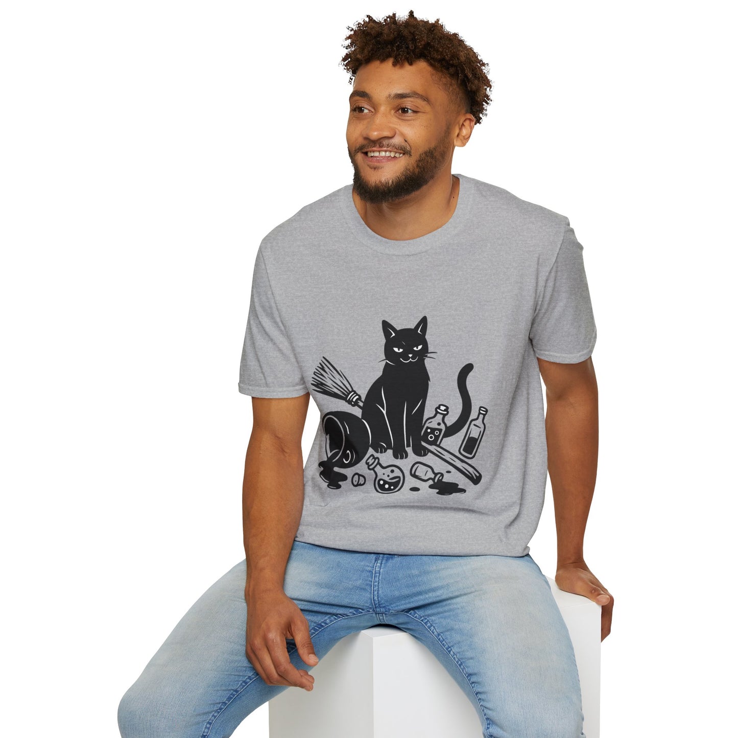 Black Cat Knocking Over Witch’s Essentials – Funny Halloween T-Shirt Design
