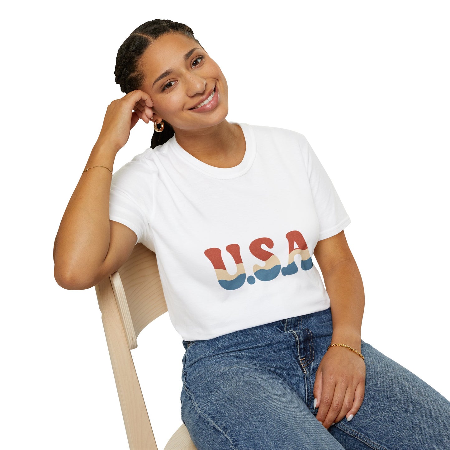 Retro USA T-Shirt | Wavy Red White & Blue 70s Style