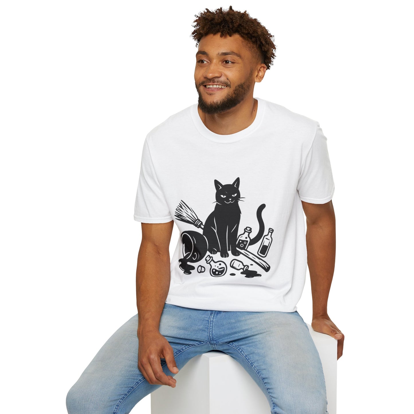 Black Cat Knocking Over Witch’s Essentials – Funny Halloween T-Shirt Design