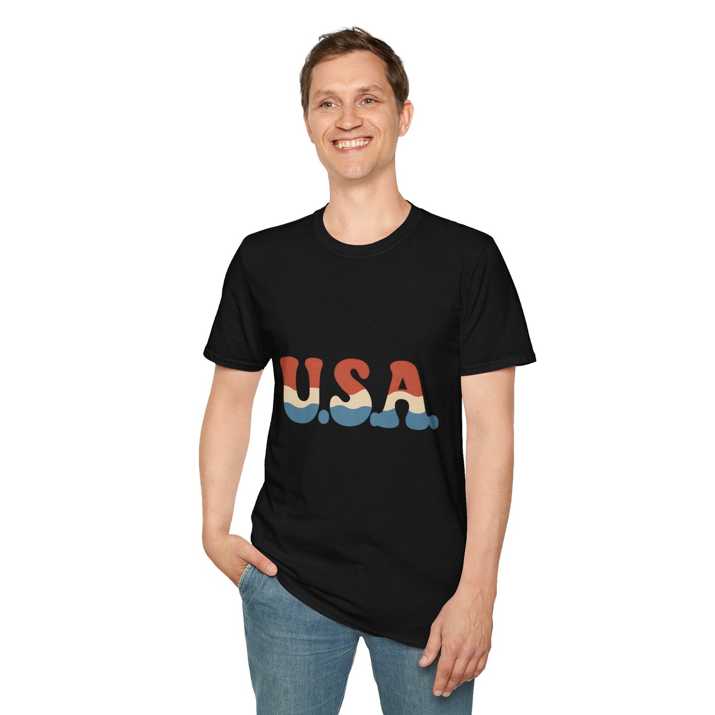 Retro USA T-Shirt | Wavy Red White & Blue 70s Style