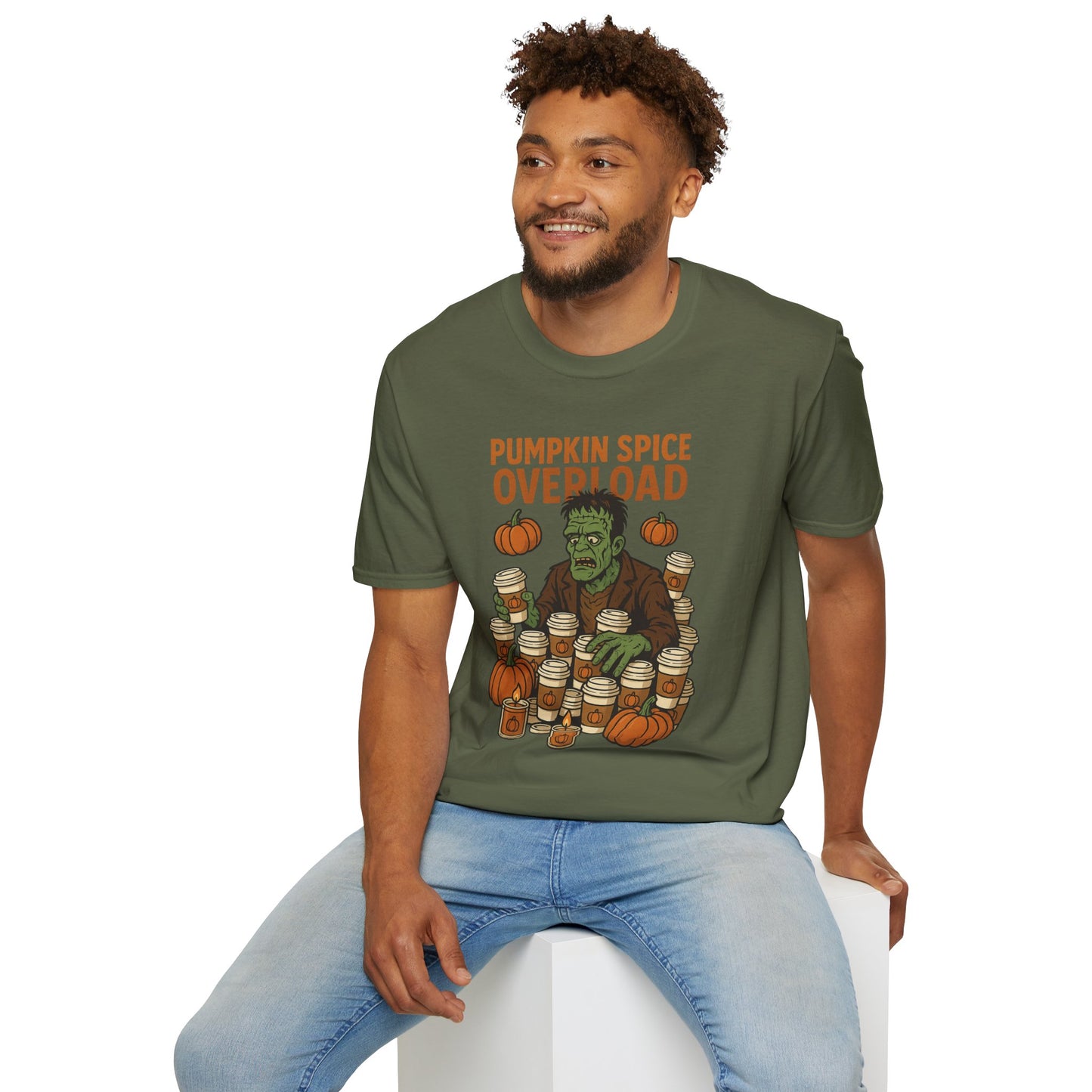 Pumpkin Spice Overload – Funny Frankenstein Halloween Coffee Lover T-Shirt