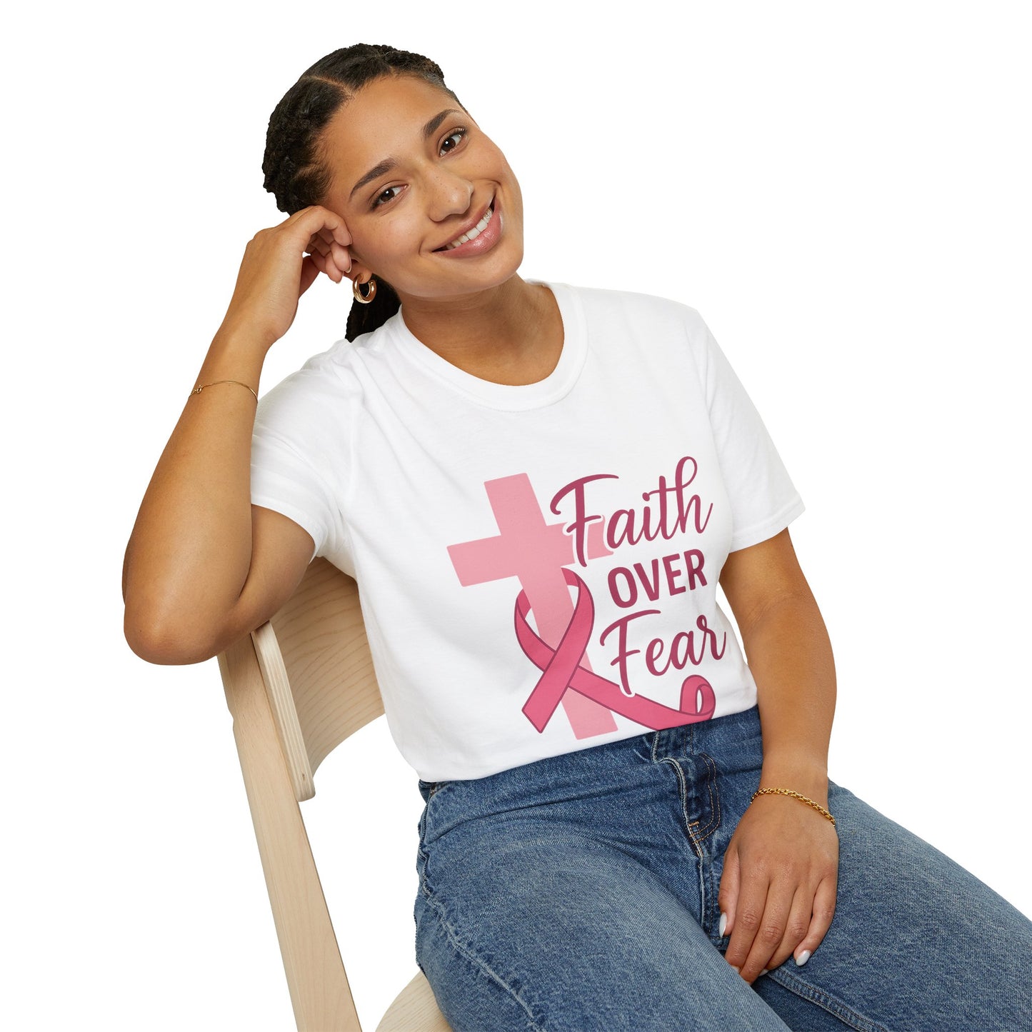 Faith Over Fear Shirt | Breast Cancer Awareness Christian Tee with Cross & Pink Ribbon