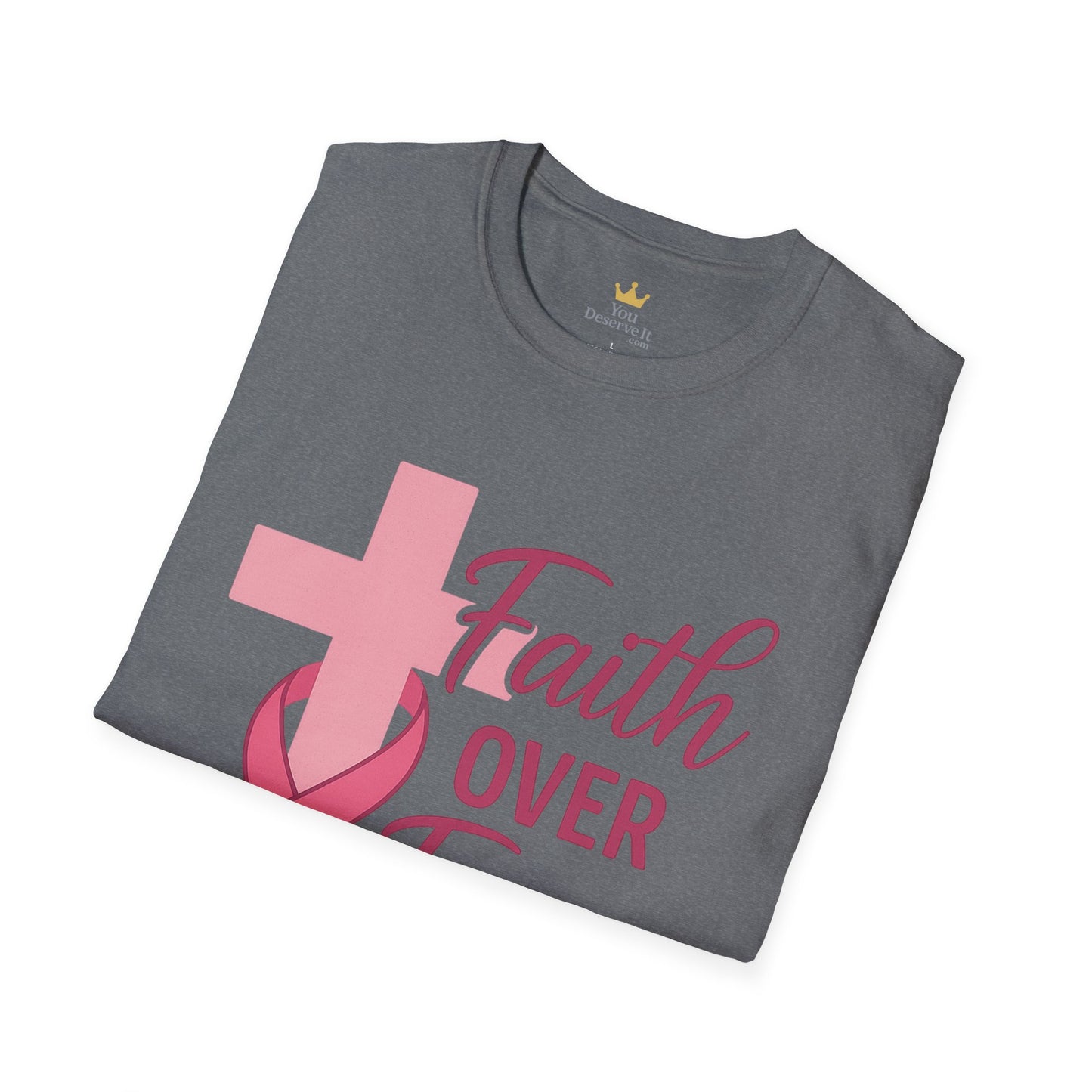Faith Over Fear Shirt | Breast Cancer Awareness Christian Tee with Cross & Pink Ribbon