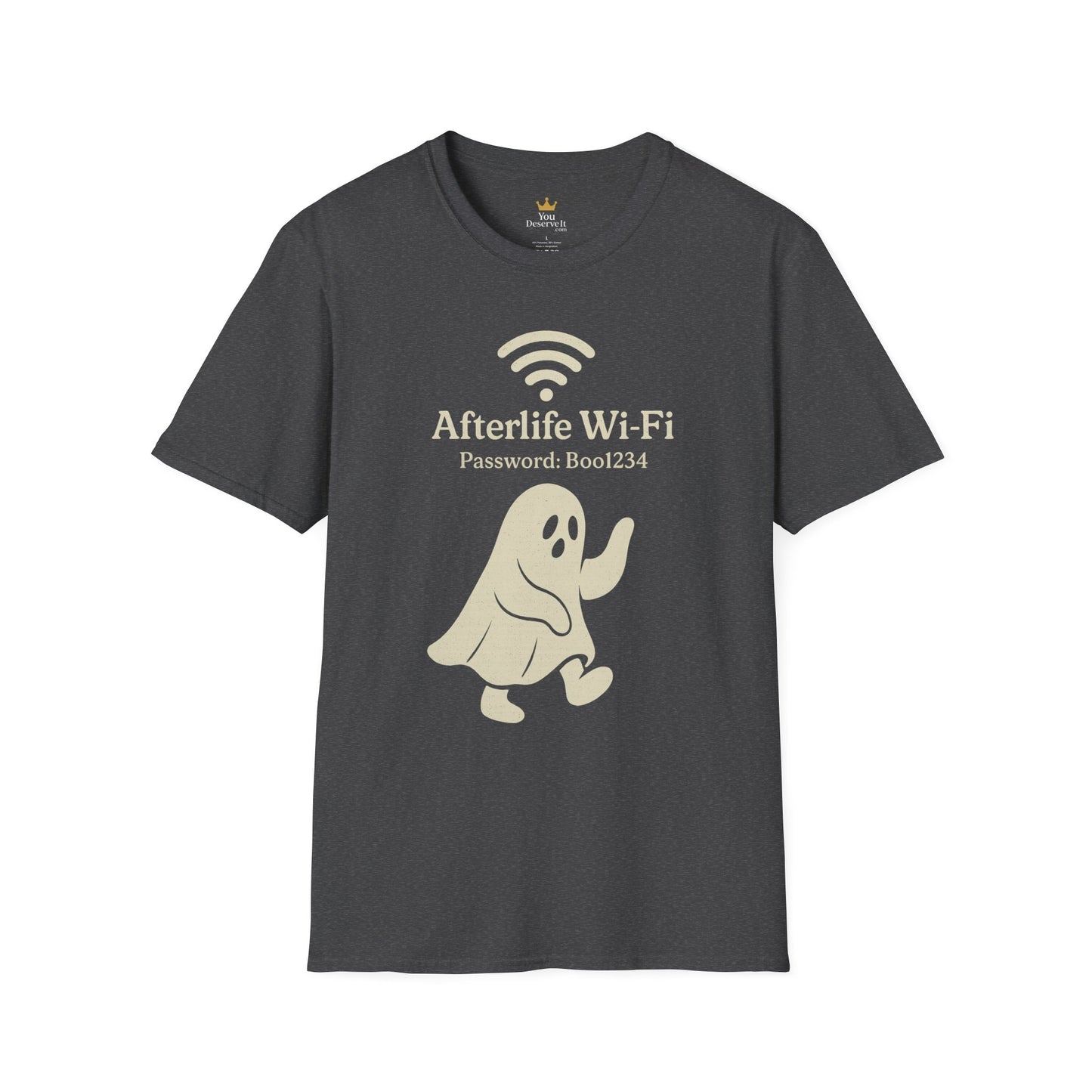 Afterlife Wi-Fi Ghost Tee | Funny Halloween Shirt with "Boo1234" Password