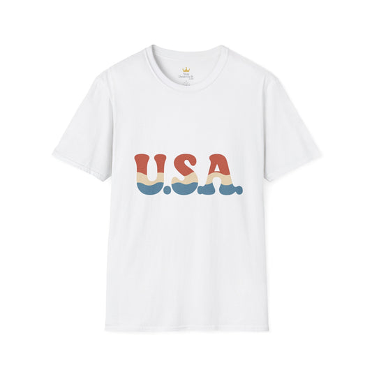 Retro USA T-Shirt | Wavy Red White & Blue 70s Style