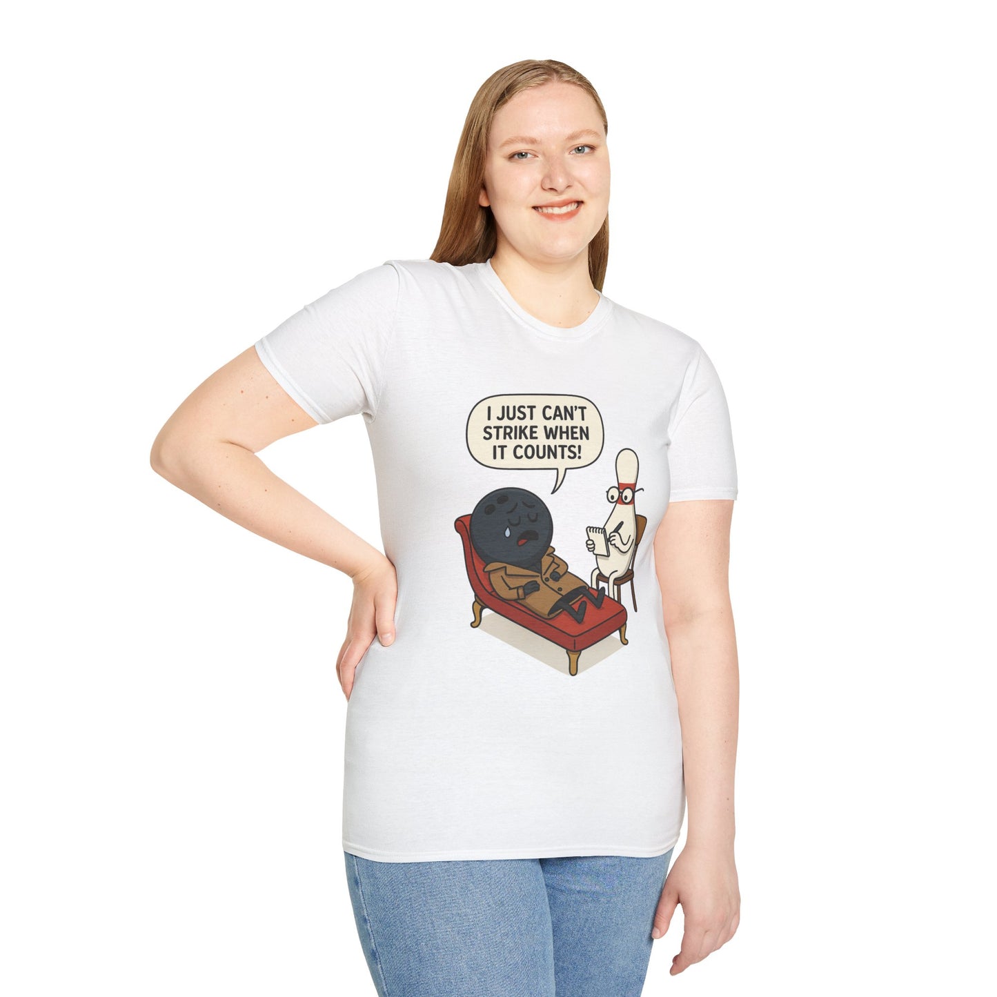 Funny Bowling T-Shirt | "I Just Can't Strike When It Counts!" Therapy Cartoon Tee
