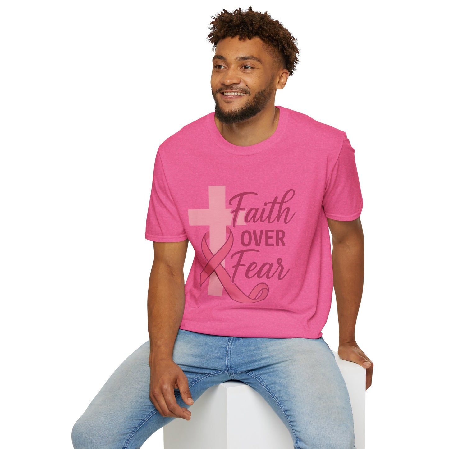 Faith Over Fear Shirt | Breast Cancer Awareness Christian Tee with Cross & Pink Ribbon