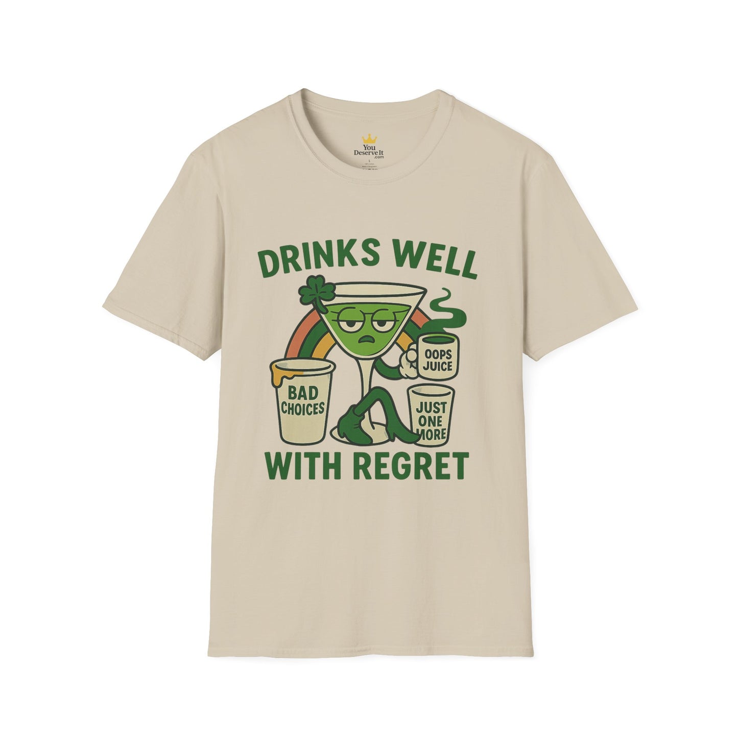 Drinks Well With Regret | Funny St. Patrick's Day Tee | Sarcastic Drinking Shirt, Bad Decisions Graphic T-Shirt for Party Lovers