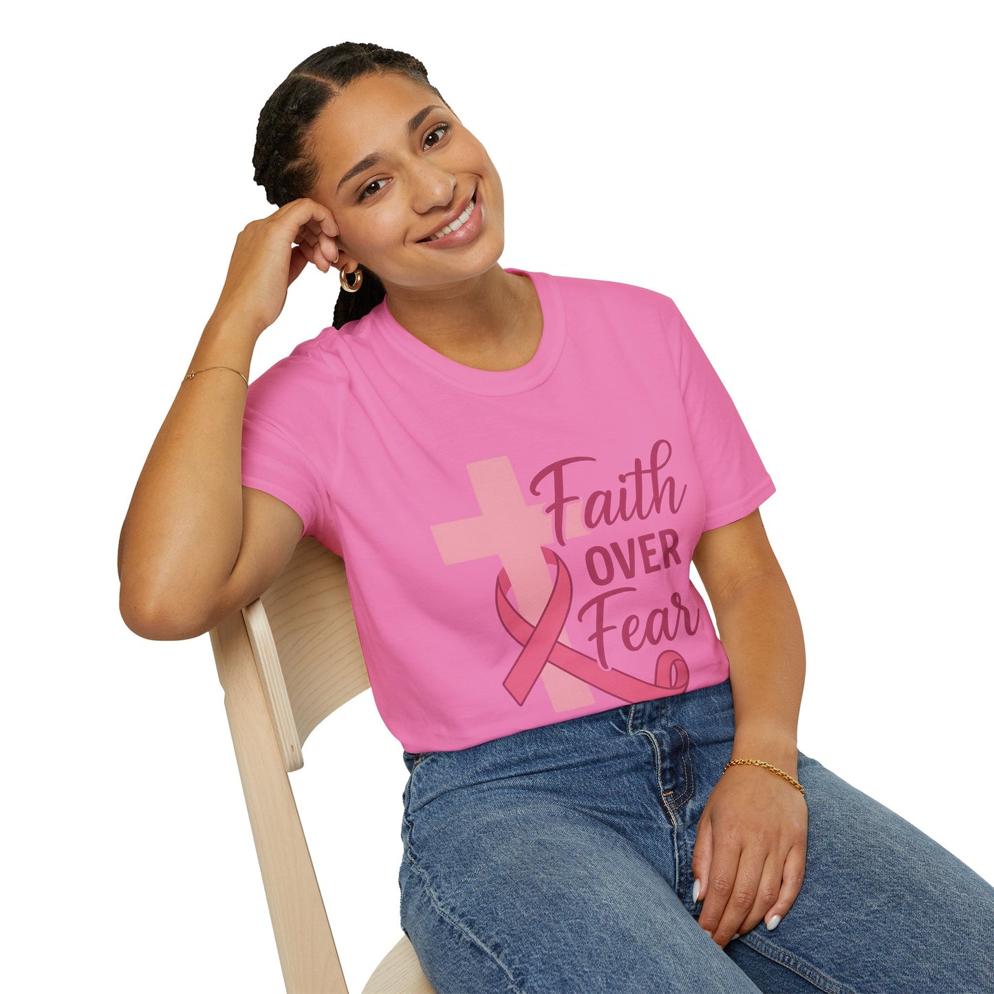 Faith Over Fear Shirt | Breast Cancer Awareness Christian Tee with Cross & Pink Ribbon