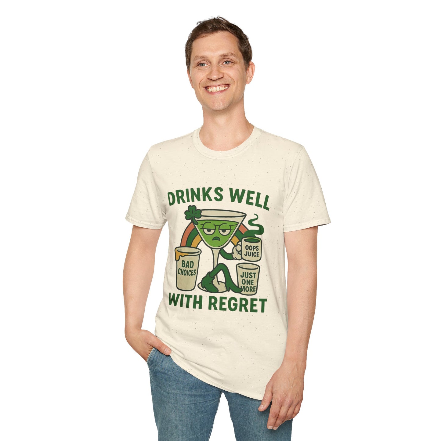 Drinks Well With Regret | Funny St. Patrick's Day Tee | Sarcastic Drinking Shirt, Bad Decisions Graphic T-Shirt for Party Lovers