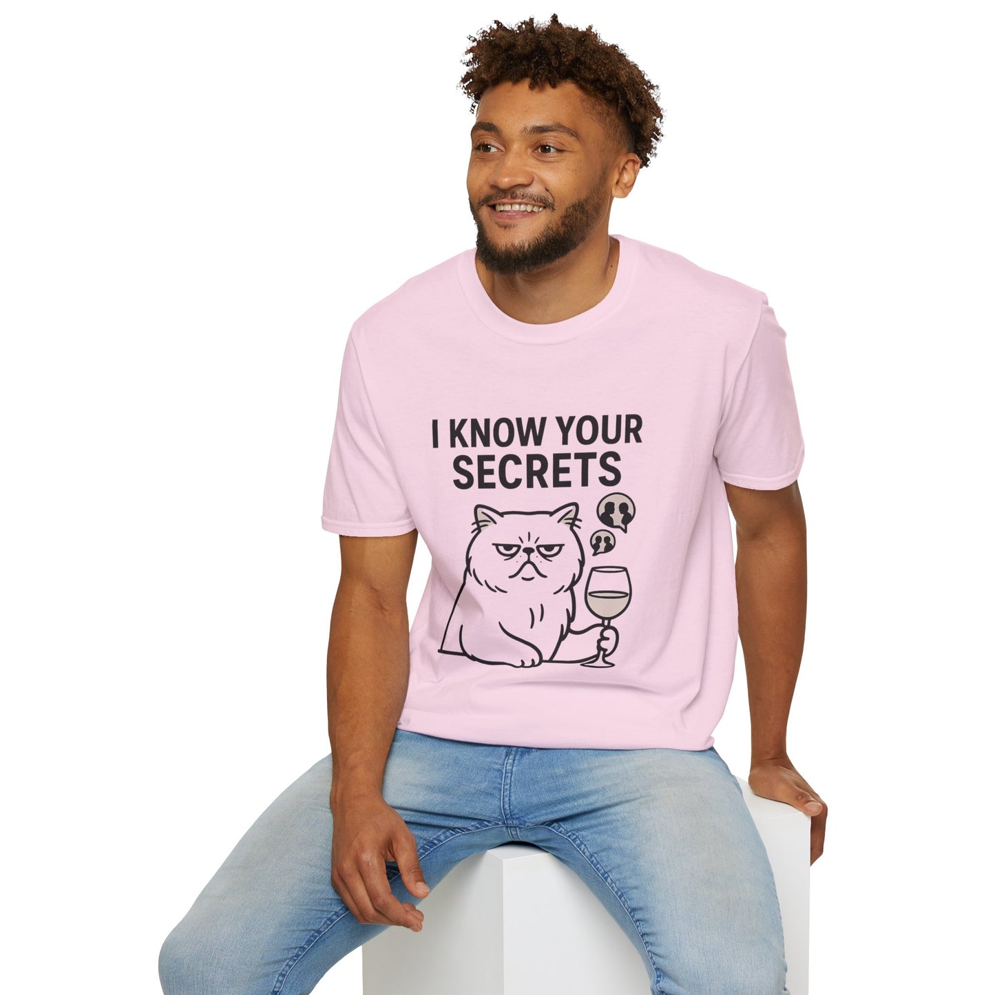 "I Know Your Secrets" Wine Cat T-Shirt, Humor Shirt, Gift for Cat Lovers, Cute Animal Tee, Unique Graphic T-Shirt