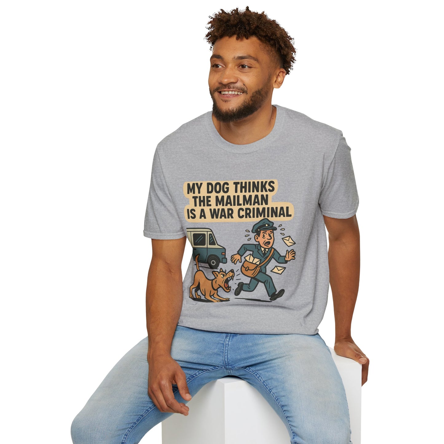My Dog Thinks the Mailman Is a War Criminal – Funny Retro Comic Dog Owner T-Shirt