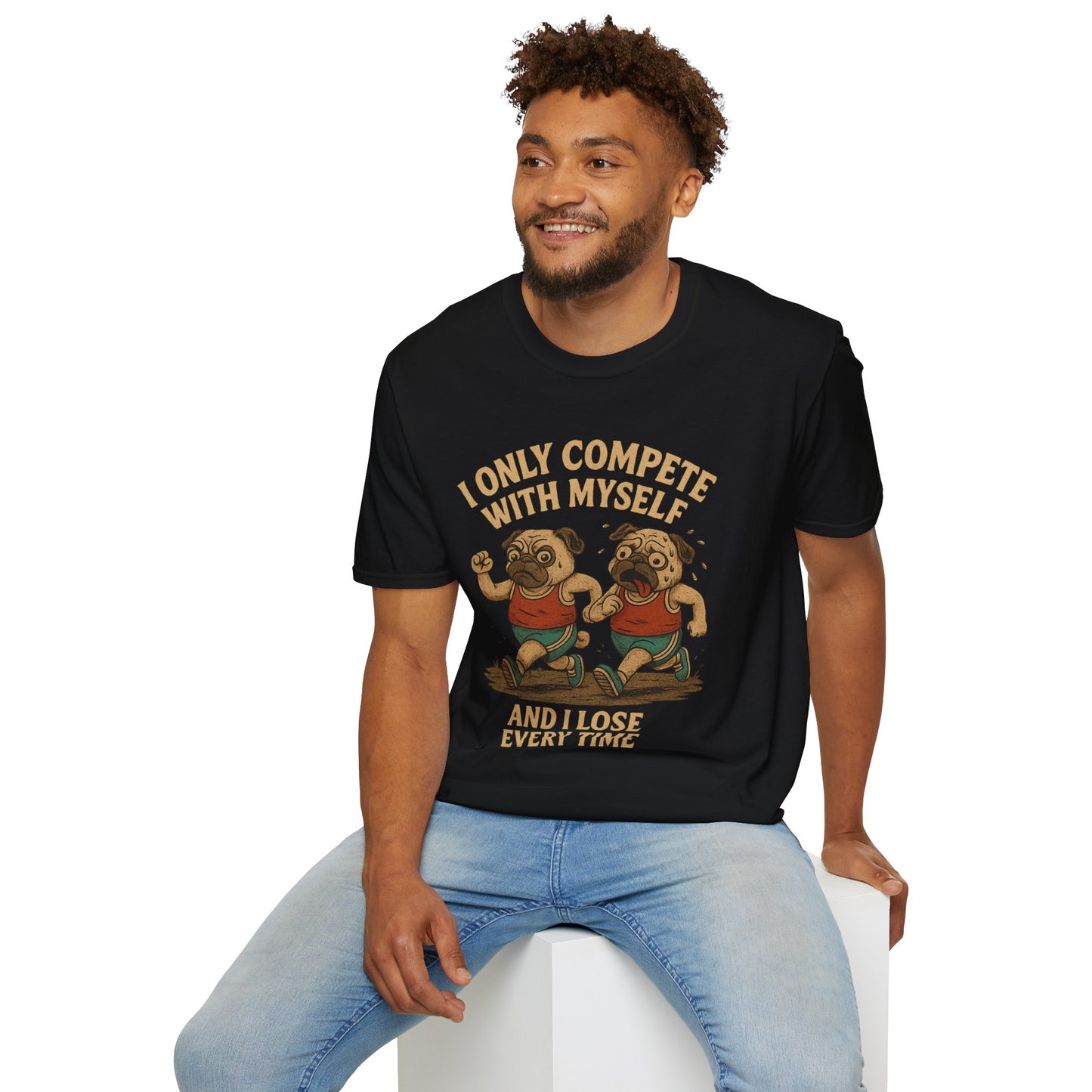 Funny Pug T-Shirt – “I Only Compete With Myself And I Lose Every Time” | Vintage Style Graphic Tee
