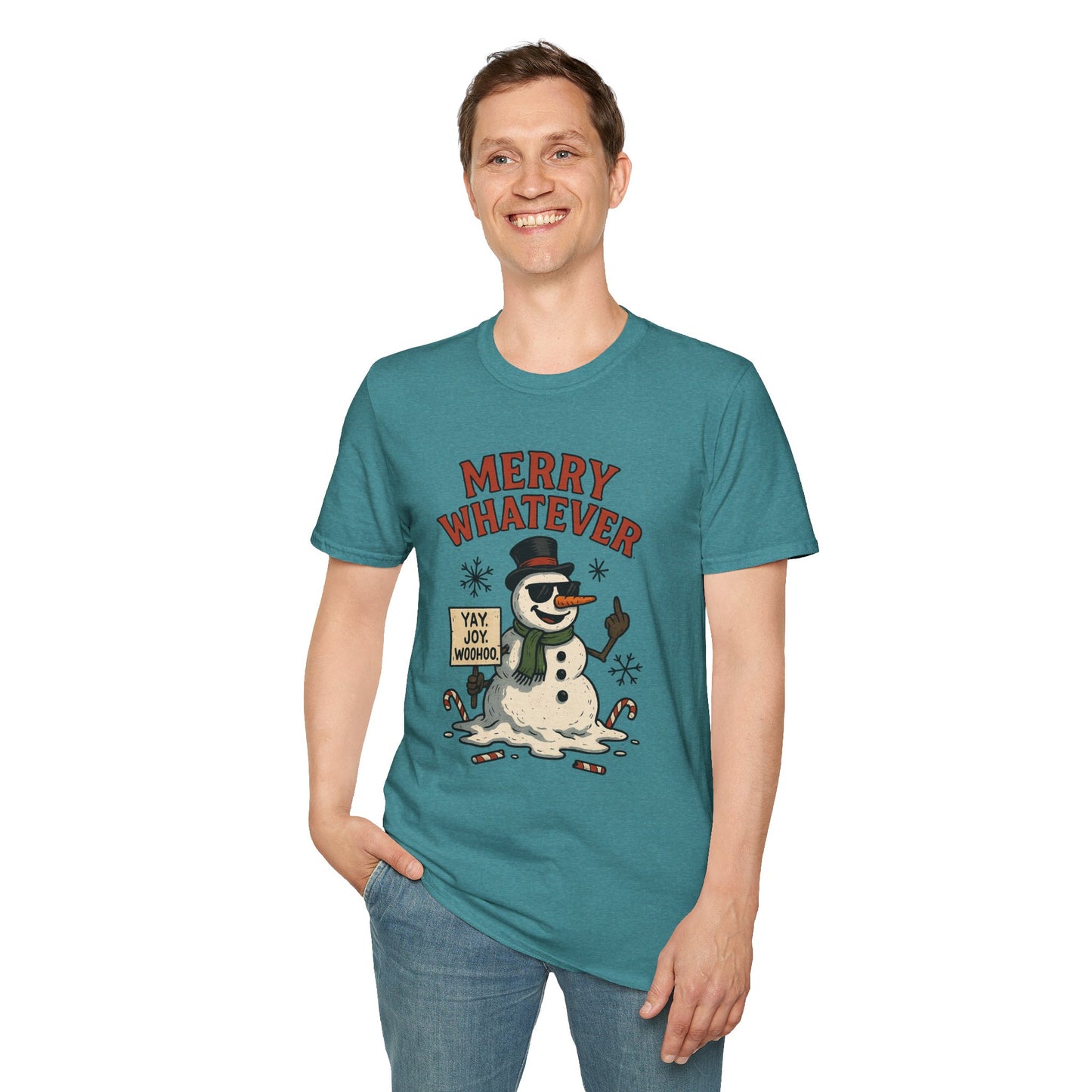 Merry Whatever Funny Snowman Shirt | Sarcastic Holiday Mood Tee | Melting Christmas Anti-Spirit Graphic T-Shirt