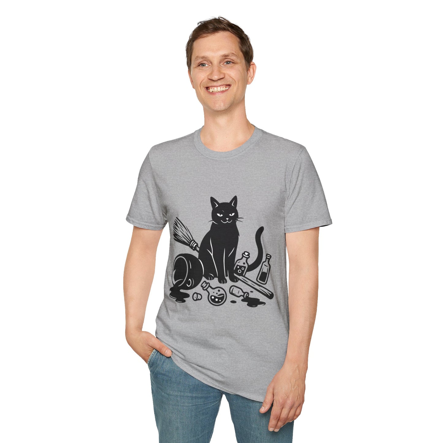 Black Cat Knocking Over Witch’s Essentials – Funny Halloween T-Shirt Design