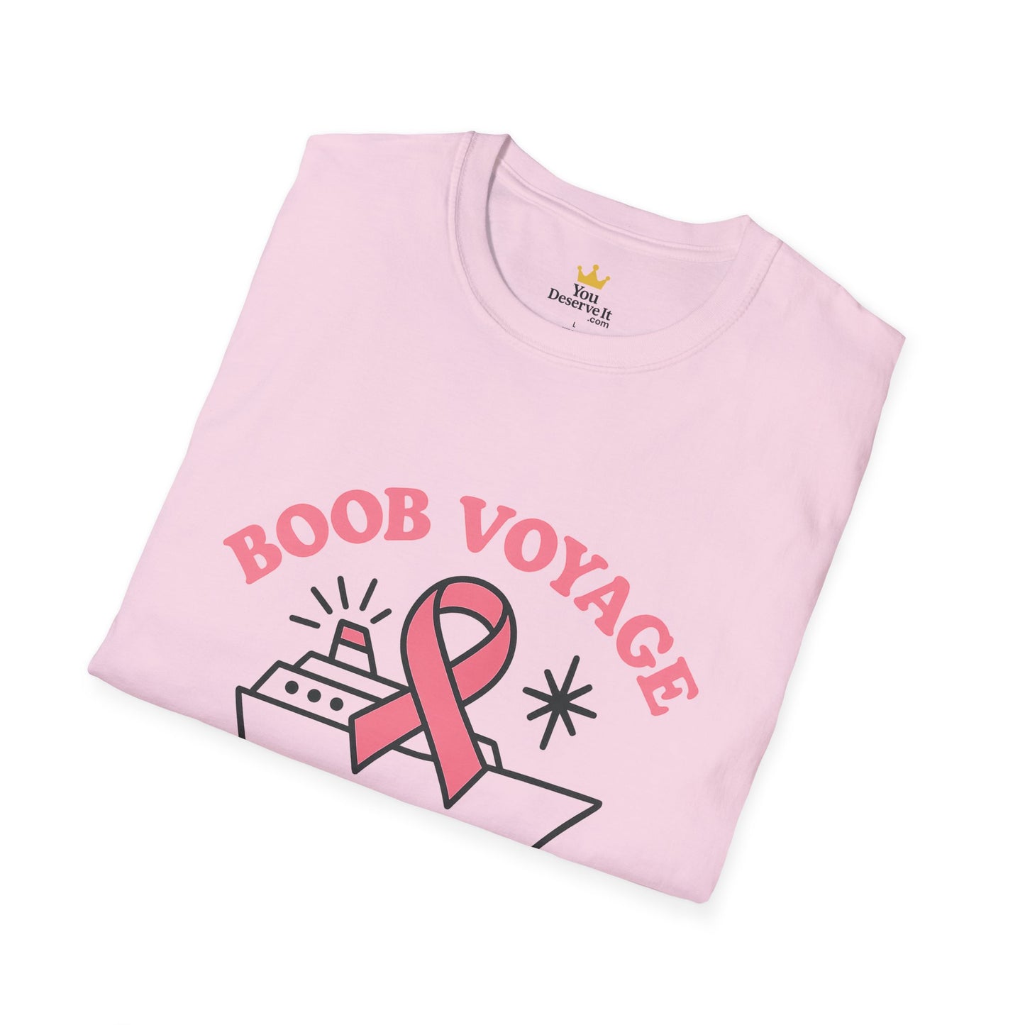 Boob Voyage T-Shirt | Funny Mastectomy Support Tee with Pink Ribbon and Cruise Ship