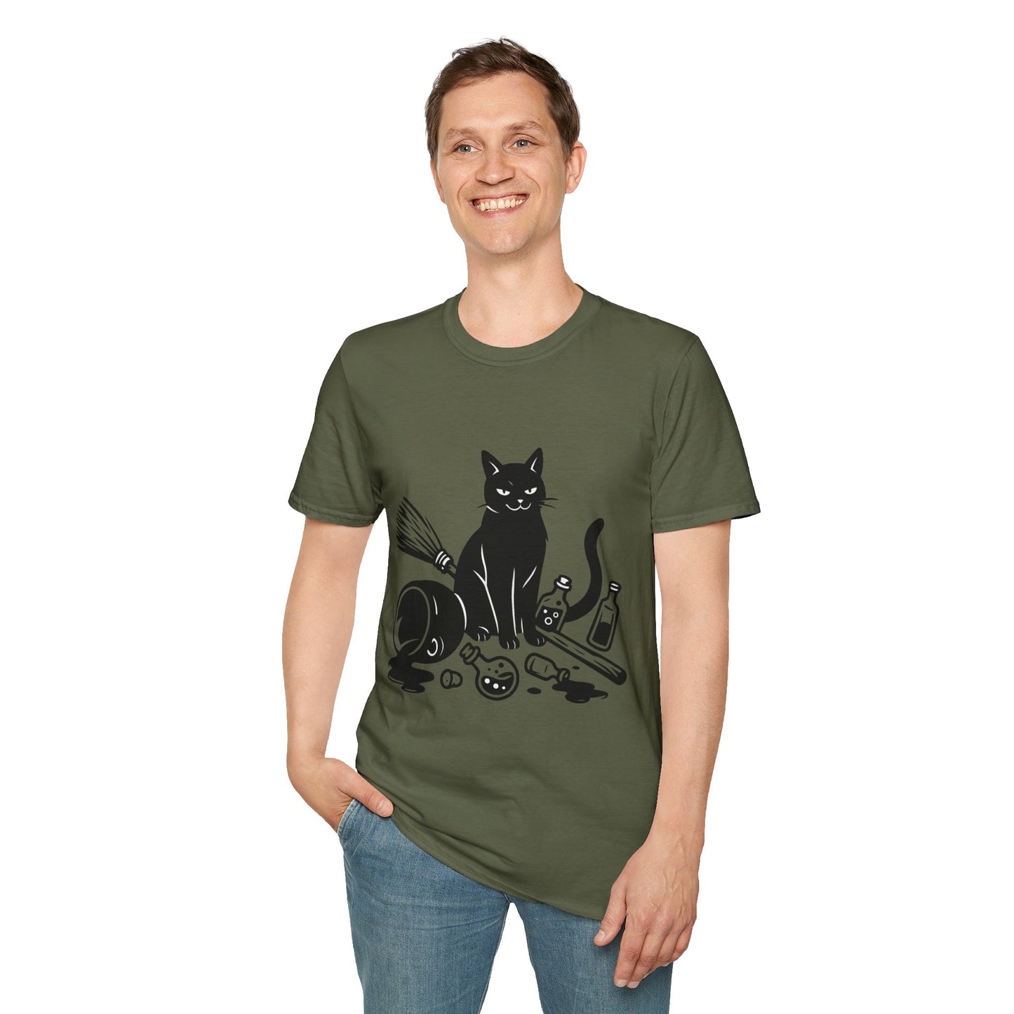 Black Cat Knocking Over Witch’s Essentials – Funny Halloween T-Shirt Design