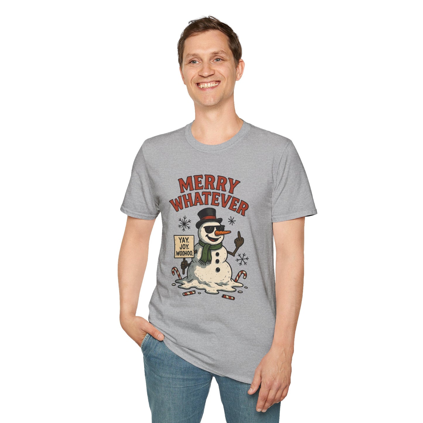 Merry Whatever Funny Snowman Shirt | Sarcastic Holiday Mood Tee | Melting Christmas Anti-Spirit Graphic T-Shirt