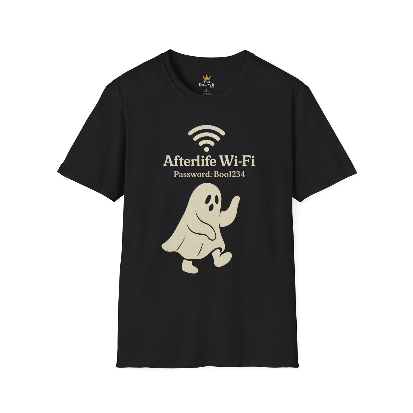 Afterlife Wi-Fi Ghost Tee | Funny Halloween Shirt with "Boo1234" Password