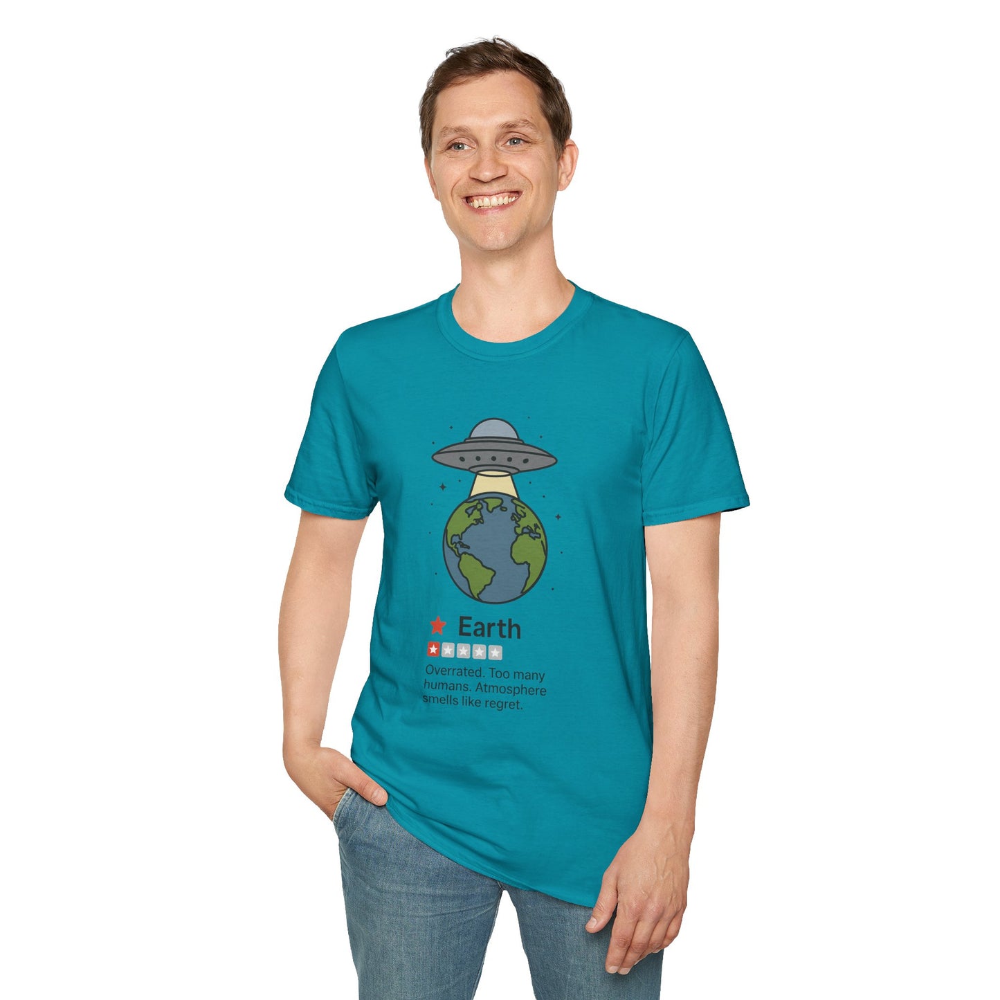 Funny Alien Earth Review T-Shirt | "Earth: 1 Star, Overrated" UFO Graphic Tee